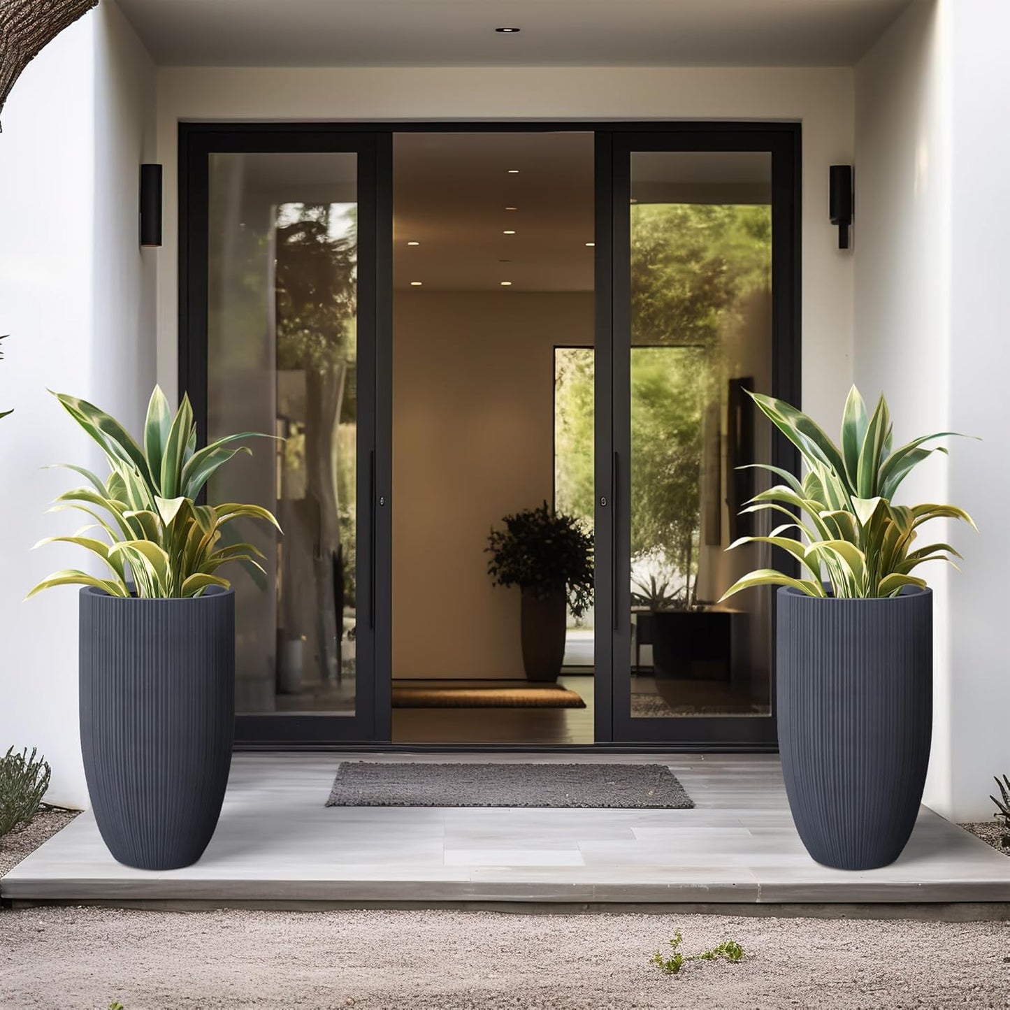Kante 24 Inch Tall Round Concrete Planter, Large Indoor Outdoor Plant Pots with Drainage Hole and Rubber Plug, Modern Decorative Garden Pots for Home Patio Porch, Textured Charcoal