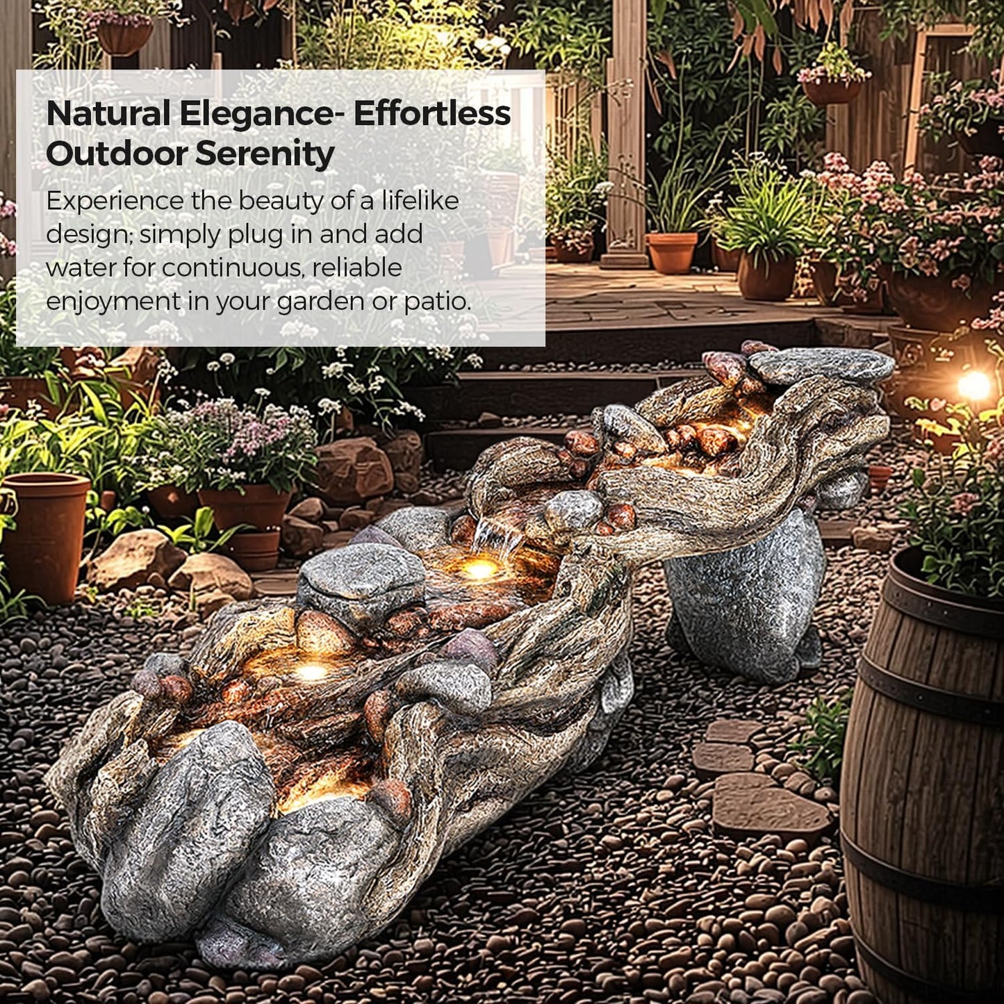 60" Long Cascading Outdoor Rock Water Fountain, 5-Tier Tranquil River Waterfall, Realistic Rock Design, Serene Flowing Water Sound for Outdoor Garden, Patio, Landscaping, Home Decor