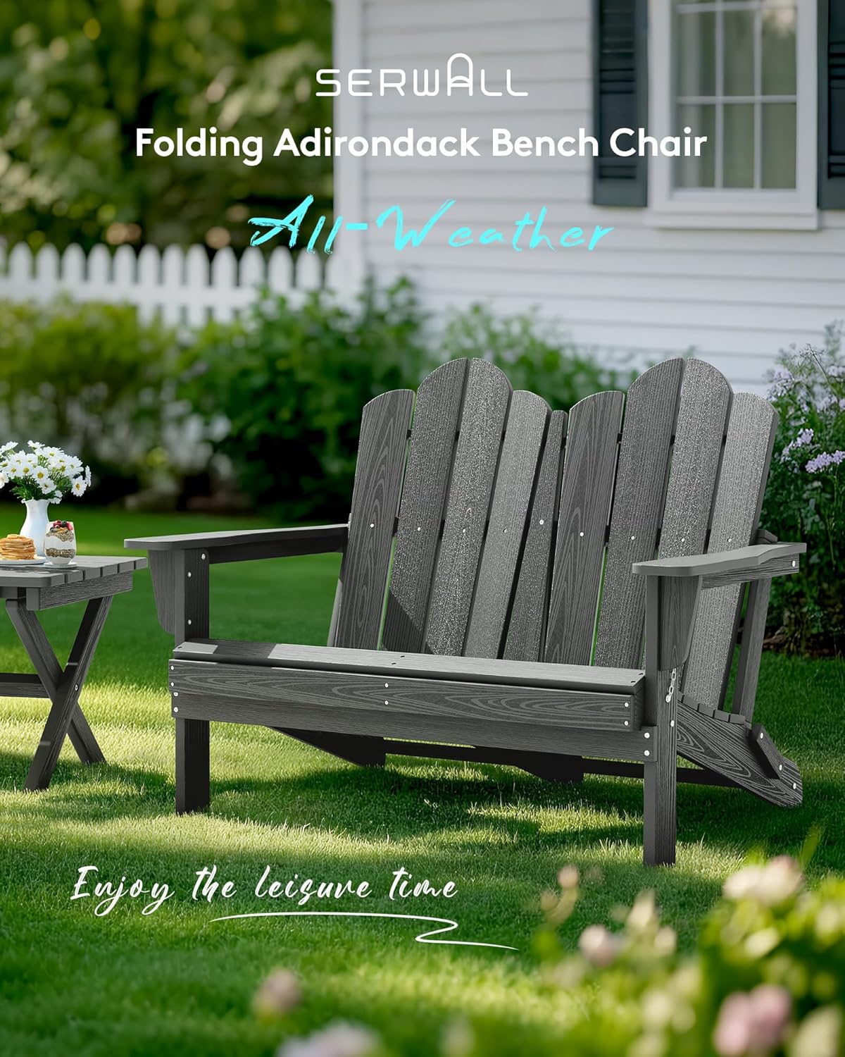 SERWALL Adirondack Bench, HDPE All-Weather Adirondack Loveseat, Outdoor Adirondack Chair for 2, Grey