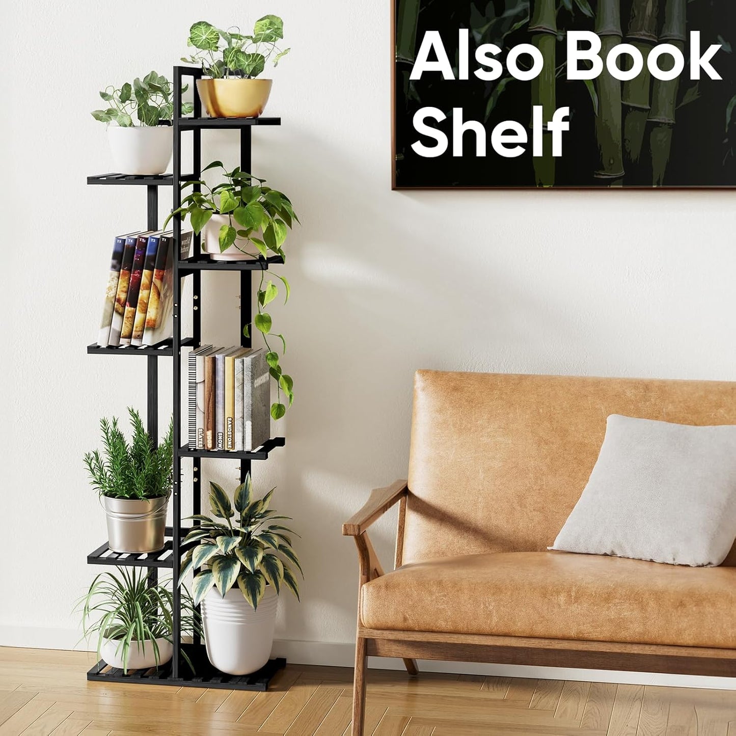 ROSSNY 55 Inch Tall Plant Stand Indoor, 7 Tier 8 Potted Bamboo Plant Stands for Indoor Plants, Corner Plant Stand, Tiered Plant Stands, Plant Shelf For Indoor, Planter Holder for Multiple Plants Indoor, Black