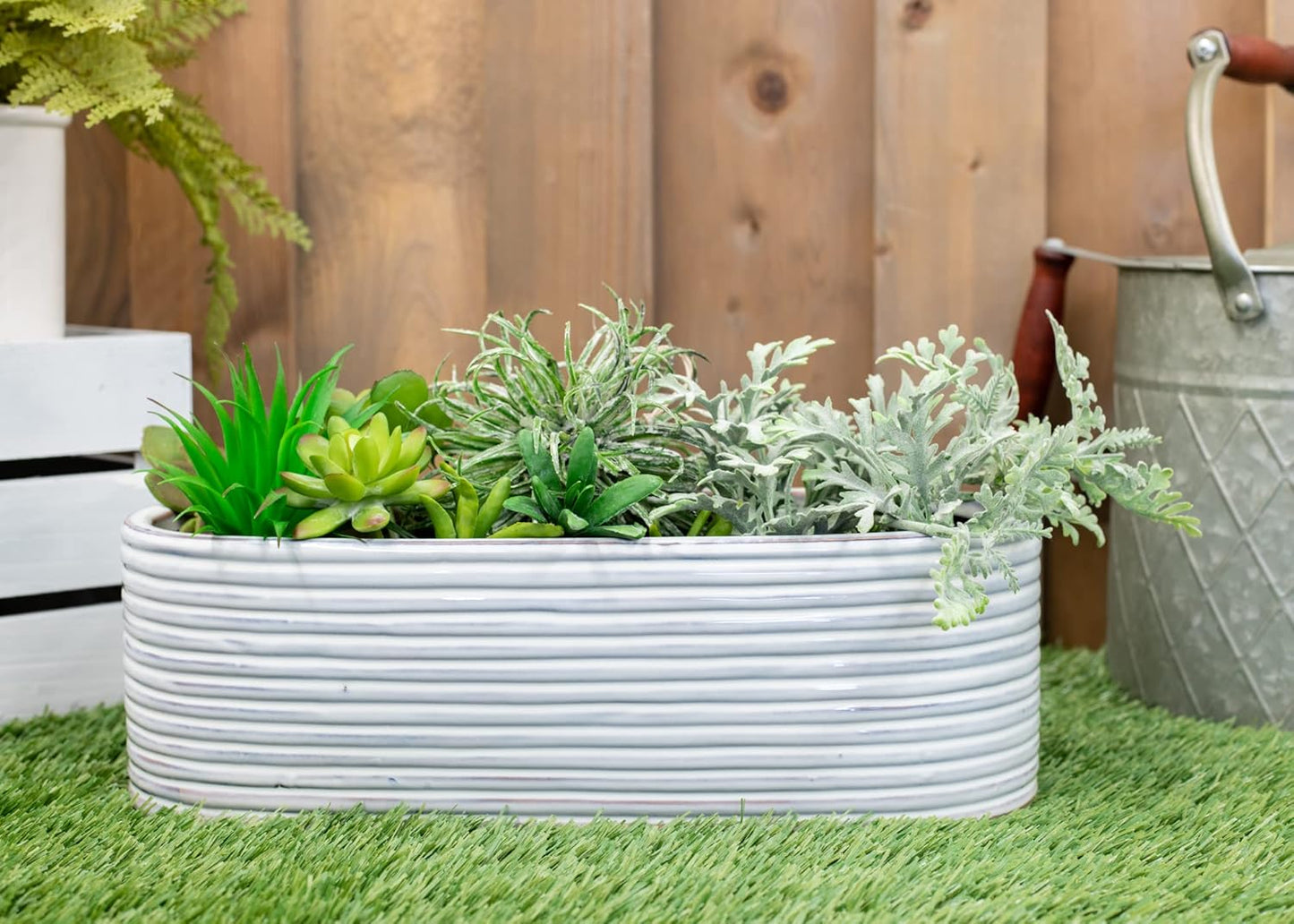 Napco Distressed White Ribbed Oval 15 x 6 Ceramic Table Top Planter