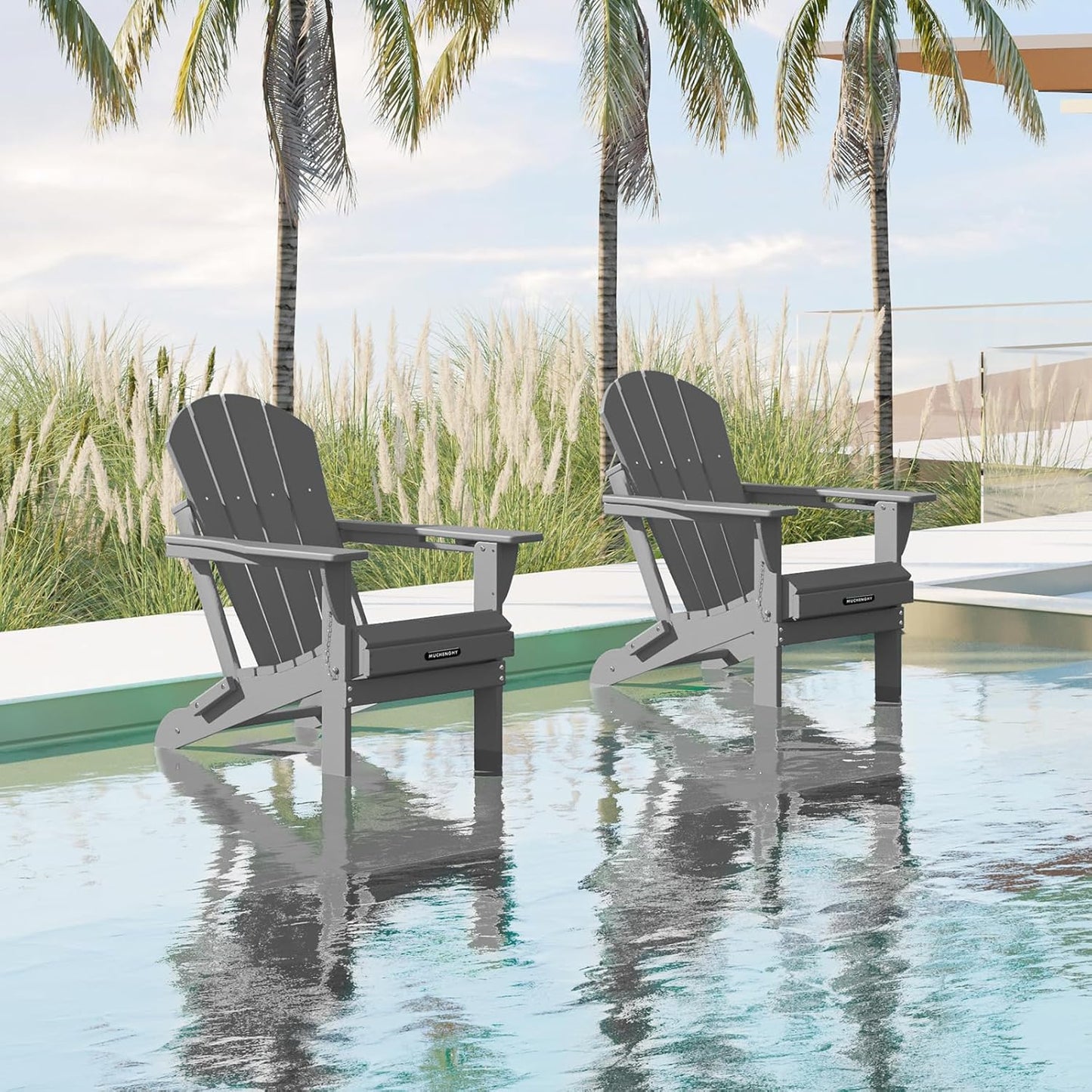 MUCHENGHY Folding Adirondack Chairs HDPE Weather Resistant 4 Pack, Patio Firepit Chairs, Sturdy Outside Chairs, Lawn Chairs, 15min Assembly 380lb Grey