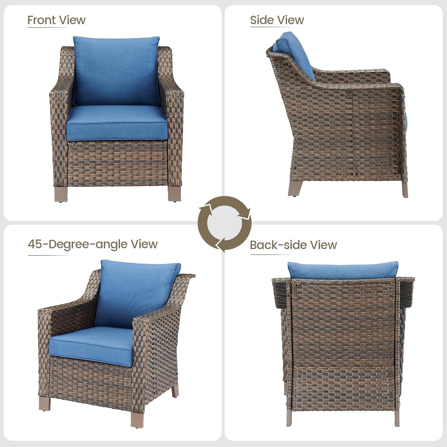 Outdoor Wicker Patio Furniture Set - 5 Piece Outside Rattan Conversation Bistro Sofa Sets with Wicker Chairs, 3-Seat Couch and Ottomans for Porch Balcony Yard Fireplace – Brown/Blue