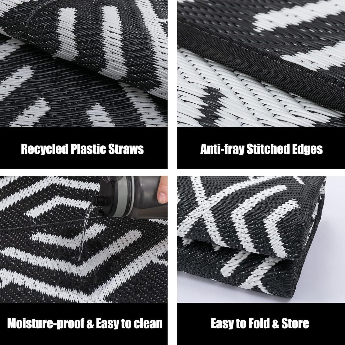 RV Outdoor Rug Waterproof Mat Outdoor Rugs 9'x12' for Patios Clearance Carpet Outdoor Camping Rugs Large Plastic Straw Rug(8x10ft Geometric Black&White)