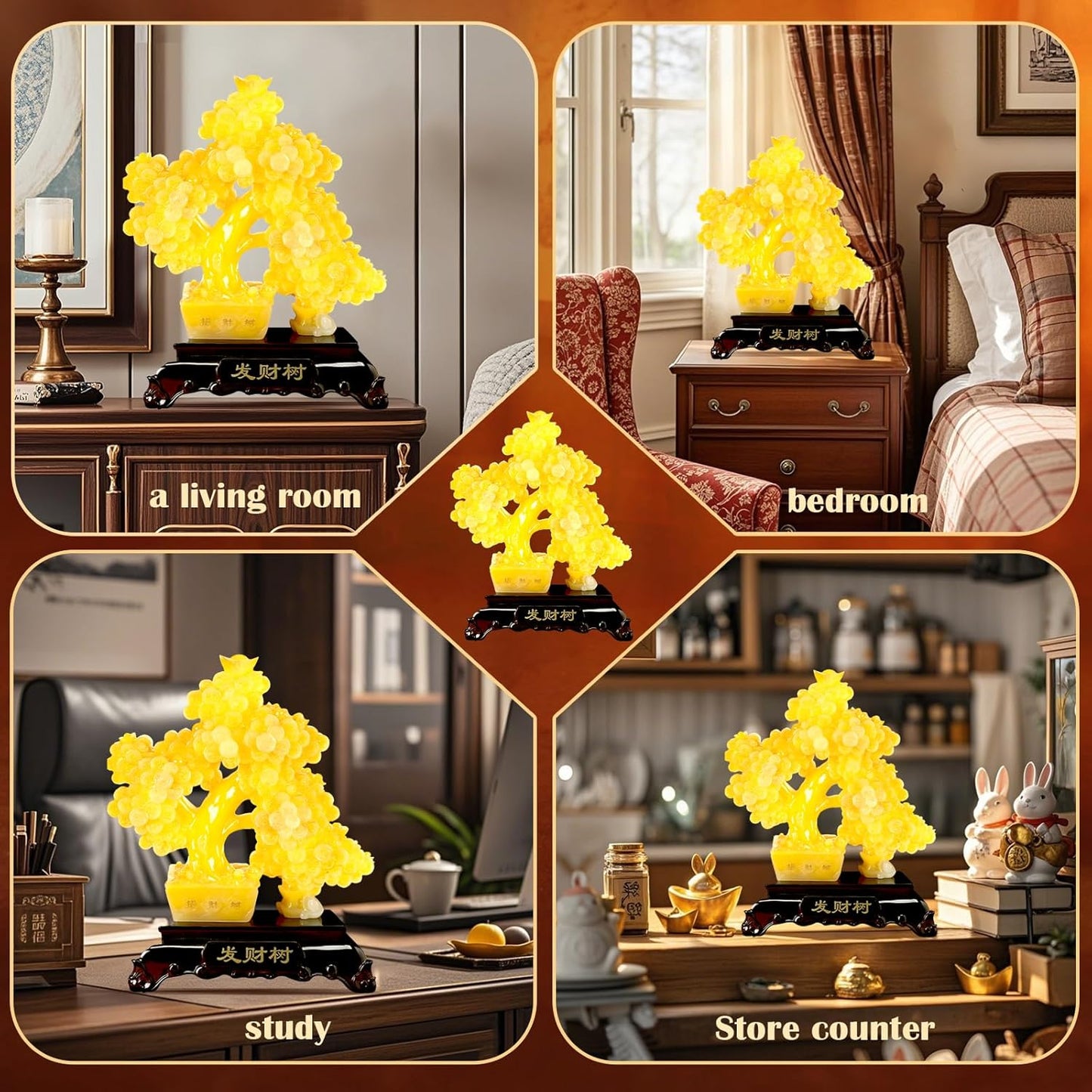 FENGSHUI-CAISHEN Top Resin Money Tree, Artificial Bonsai Tree, Handcrafted, Premium Quality, Feng Shui Gift for Abundance Luck and Success (Yellow)