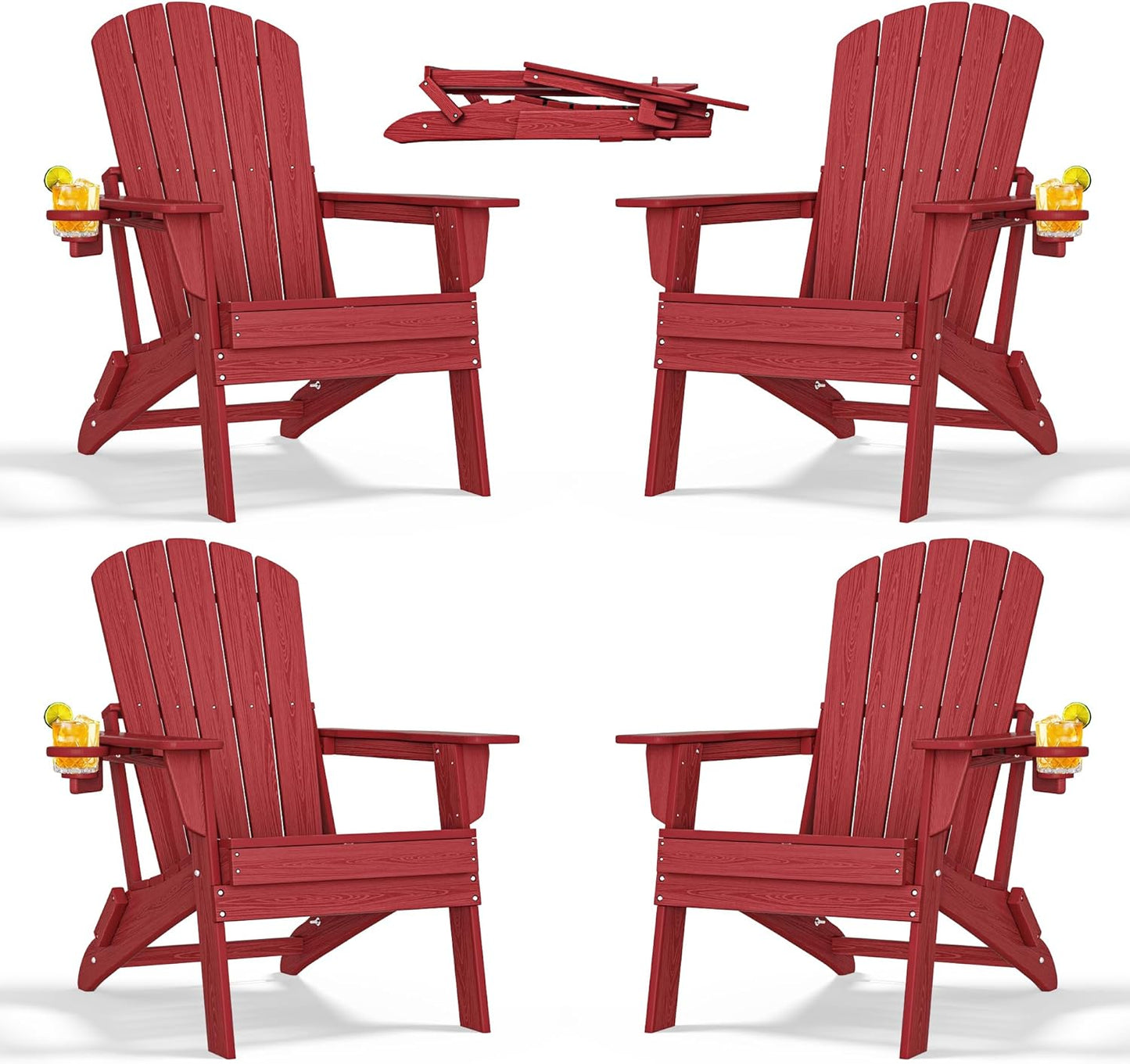 Folding Adirondack Chair with Cup Holder Set of 4, HDPE All-Weather Patio Chairs, Plastic Outdoor Chairs- Looks Exactly Like Real Wood- Red