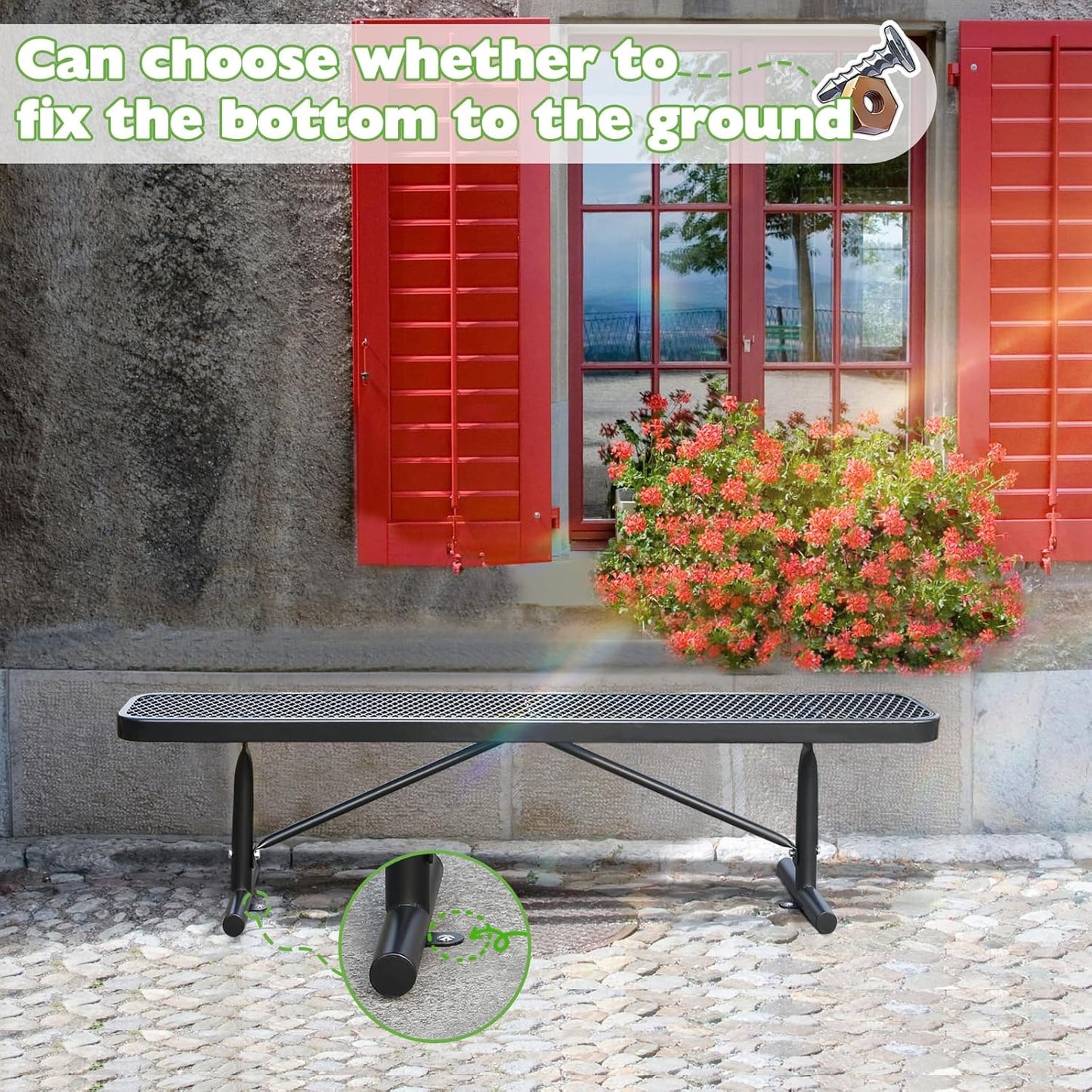 Heavy-Duty Park Bench or Table for Outside - Black Coated Outdoor Furniture Steel Bench, Commercial-Grade Outdoor Benches Weatherproof for Park, Patio, Porch (Black, 6FT (Without Backrest))