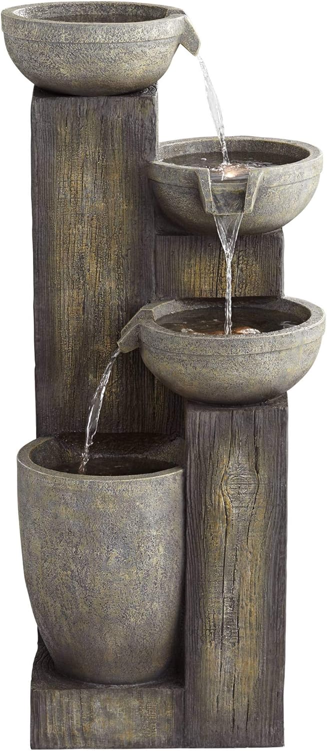 Four Tier 40 1/2" High Large Rustic Indoor Outdoor Decor Faux Stone Floor Fountain with Light LED Waterfall Cascading Standing Water Feature for Outside Garden Patio Yard Backyard - John Timberland