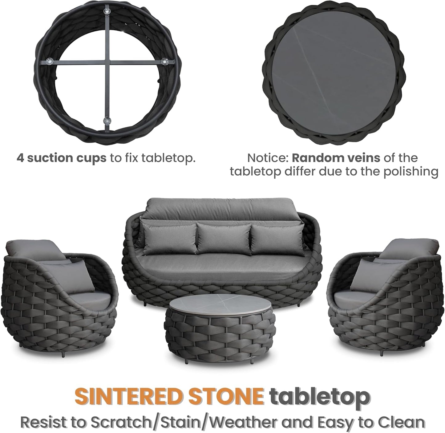 Rope Patio Furniture Set: 4 Pieces Aluminum Outdoor Couch Set Cushioned - Assembled Porch Conversation Sofa Set Modern - Metal Patio Seating for 5 Person Deck Garden Poolside Hotel, Dark Gray