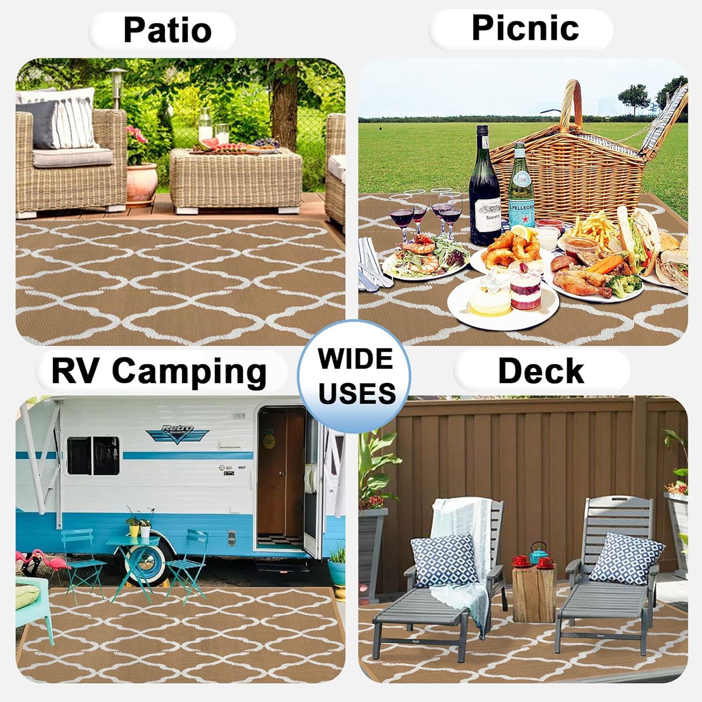 OutdoorLines Outdoor Plastic Area Rugs for Patio 5x8 ft - Reversible Outside Carpet, Stain & UV Resistant RV Mats, Straw Rug for Camping, Deck Garden, Porch and Balcony, Moroccan/Brown & Light Grey