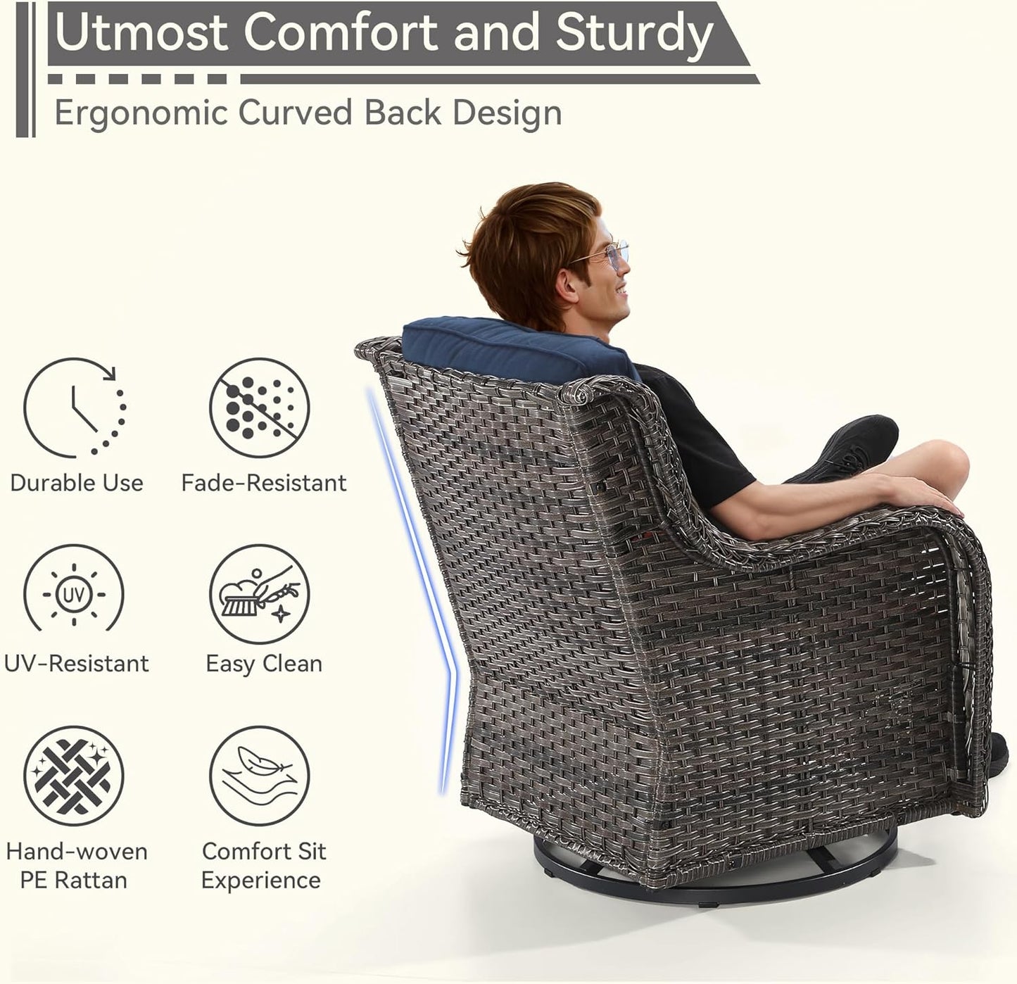 3 Pieces Outdoor Furniture Set - Patio Wicker Swivel Rocker Chair Set of 2 and 1 Side Table, Blue, Mixed Brown Rattan, Suitable for Porch, Yard