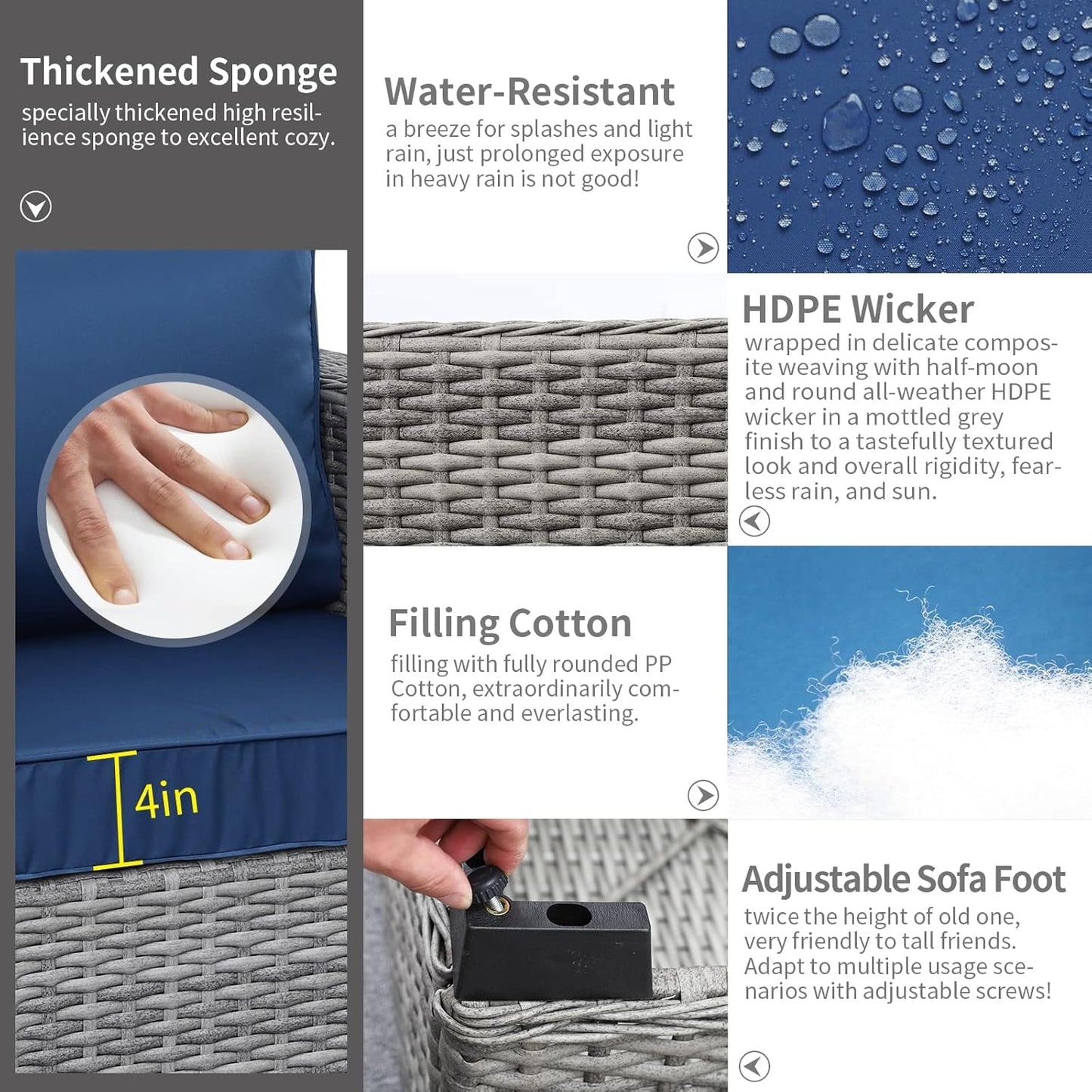 Rattaner Outdoor Furniture Outdoor Couch Grey Wicker Patio Furniture 3-seat Sofa Deep Seat Hight Backrest with Waterproof Cover and Anti-Slip Cushions, Navy Blue