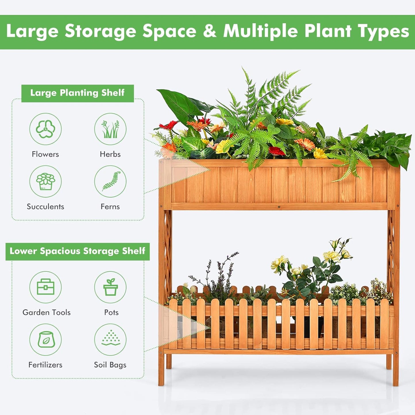 S AFSTAR 2-Tier Raised Garden Bed, Indoor Outdoor Flower Bed with Bottom Shelf Fence, 35.5” H Wood Elevated Planter Box for Vegetable Flower Herb Succulent, Ideal for Patio Balcony Backyard