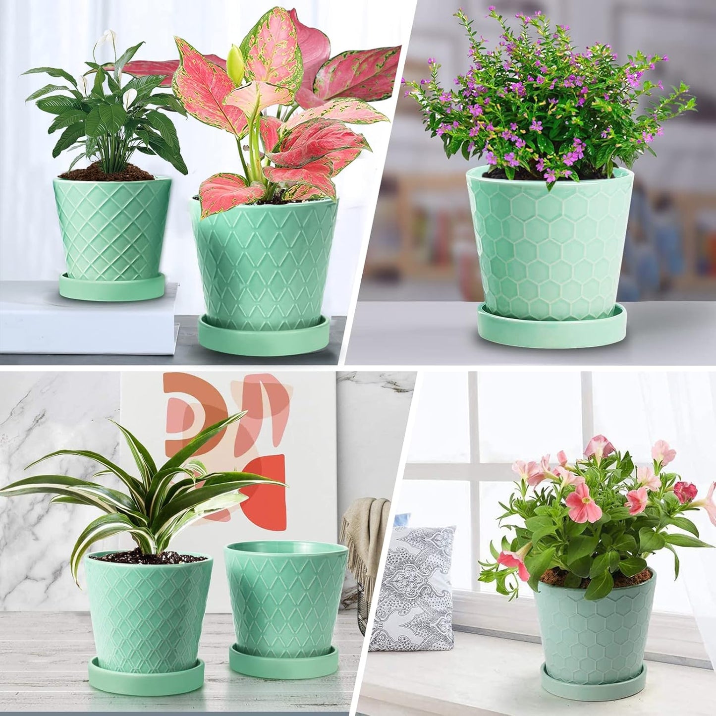 EFISPSS Flower Planter –5 inch Ceramic Plant Pots with Drainage Holes and Ceramic Tray - Gardening Home Desktop Office Windowsill Decoration Gift Set of 4 - Plants NOT Included