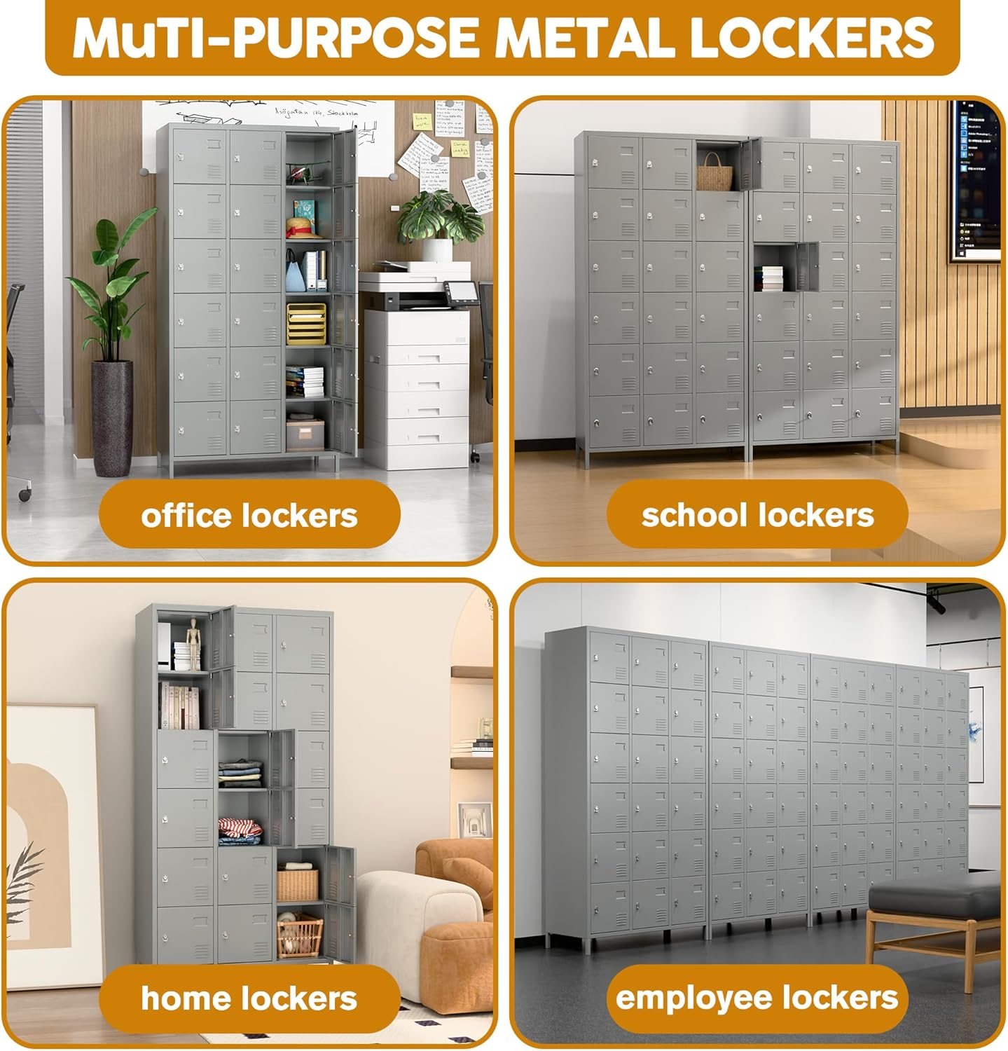 18 Doors Metal Storage Locker with Business Card Holder, 72" H Employees Lockers Storage Cabinet for Home, Office, Gym, School, Assenbly Required, Light Gray
