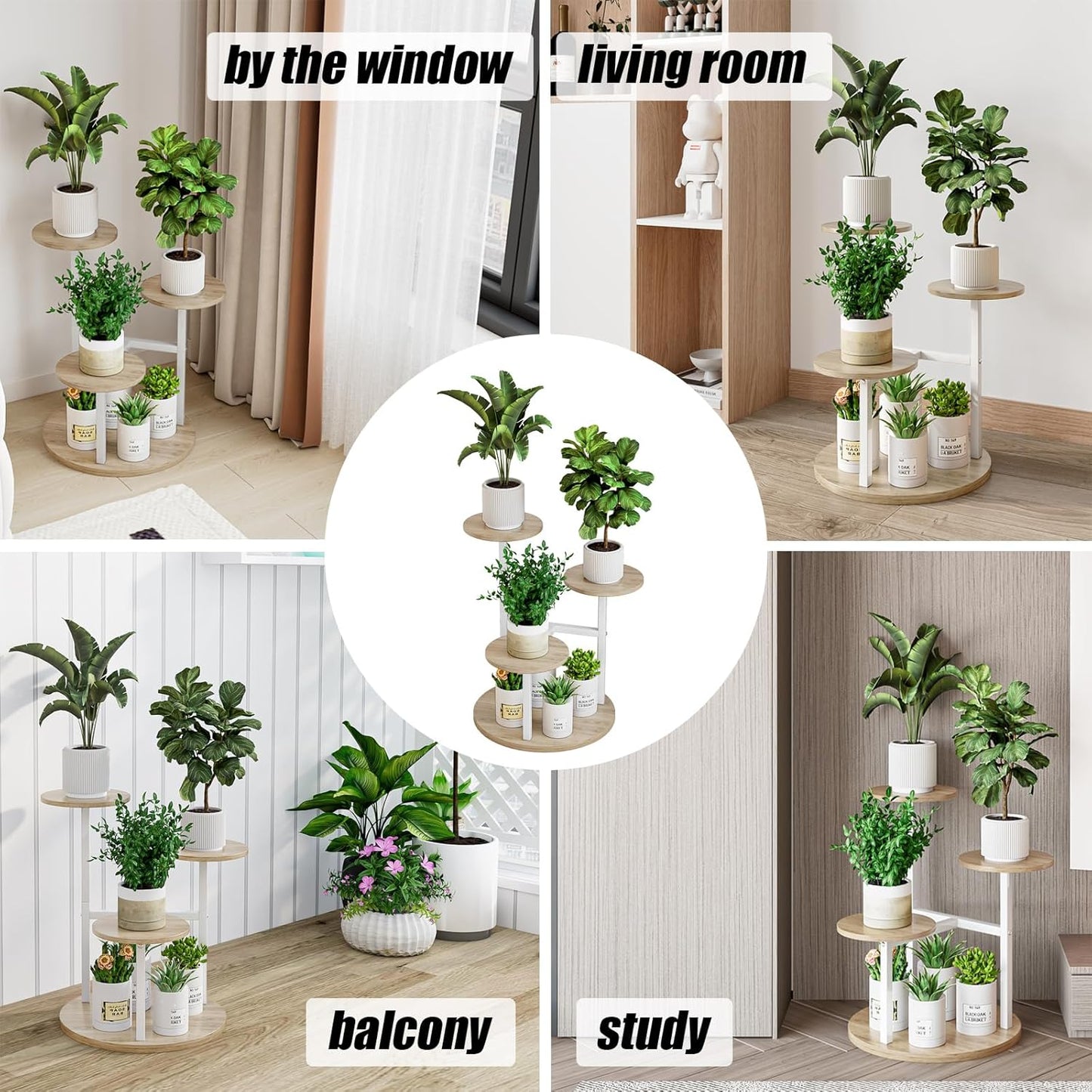 Plant Stand Indoor 4 Tier 5 Potted Multiple Flower Pot Holder for Patio Garden Balcony Living Room Corner (4 Tier White+Sonoma Oa)