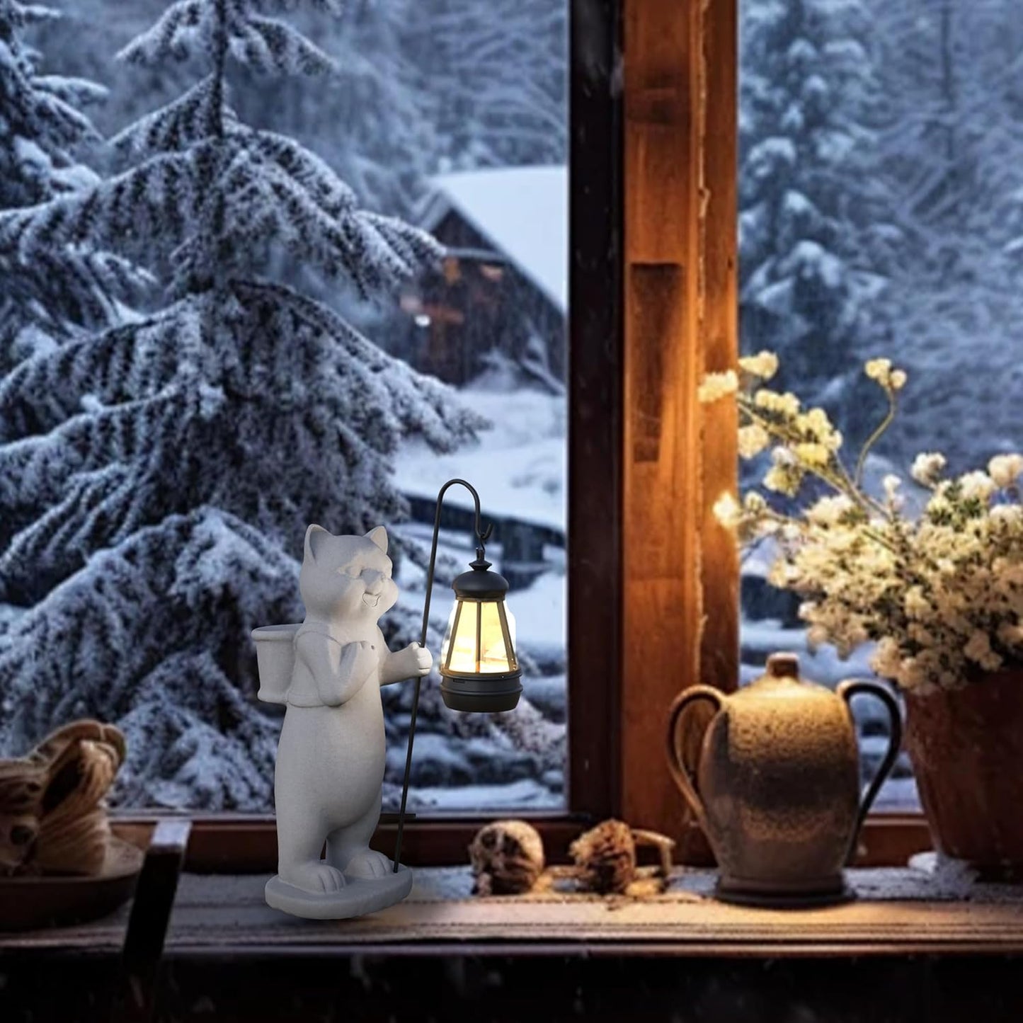 Garden Decoration, Figurine, Lawn Statue, Sculpture Ornament, Animal Figurine - Cat Resin Statue with Lantern (Basket)