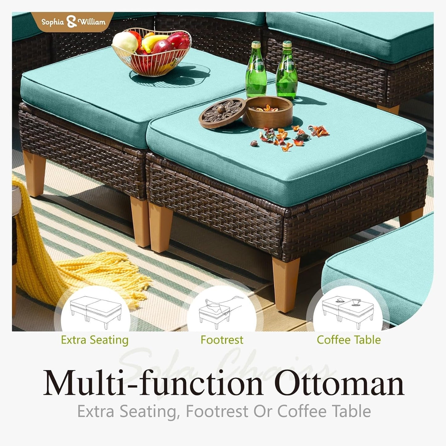 Sophia & William Outdoor Wicker Sectional Sofa Set, 8 Piece Half Moon Curved Patio Furniture Modern Outdoor Couch Conversation Set with Ottoman for Backyard, Pool, Garden(Aqua Blue)