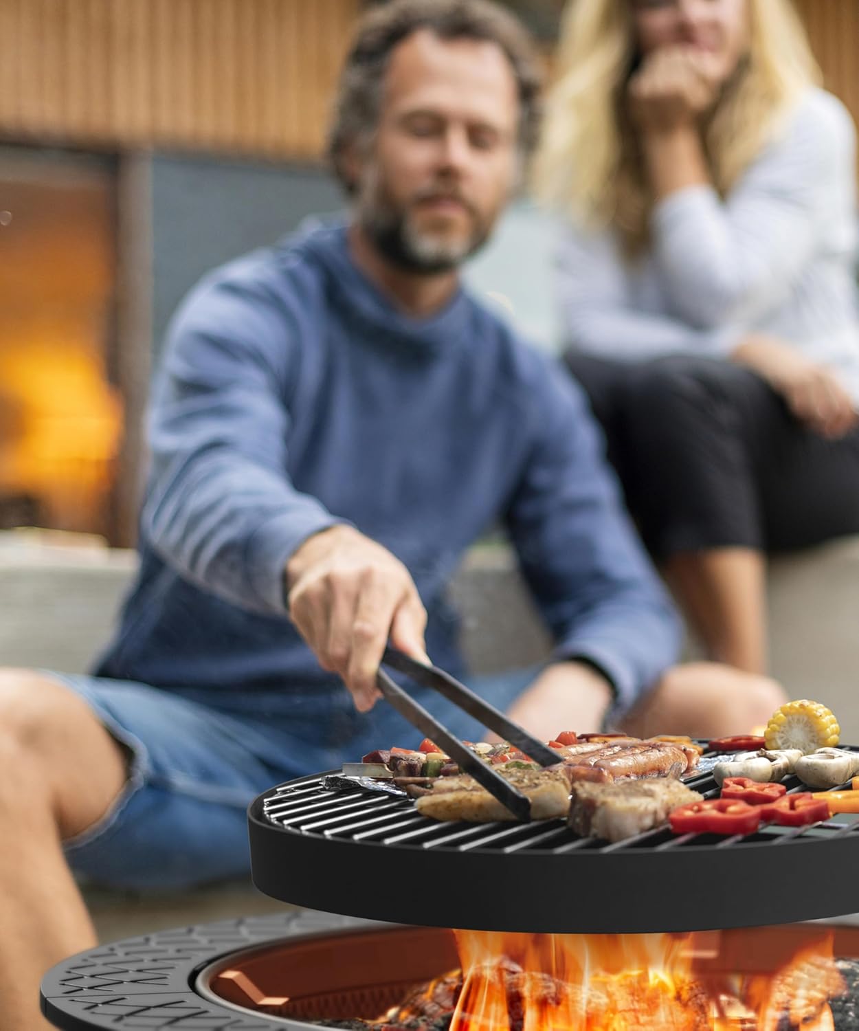 35 Inch Fire Pit with BBQ Grill, Wood Burning Fire Pits for Outside with Lid & Fire Poker, 3 in 1 Round Metal Fire Pit Table with Cooking Grate, Outdoor Firepit for Backyard, Patio, Bonfire, Picnic