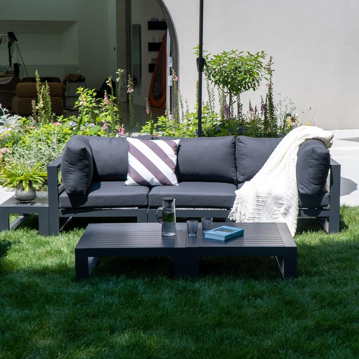 Modern 3 Seater Sofa Outdoor Sectional Sofa Set with Square Coffee Table Patio Conversation Sofa Sets for Garden Backyard, Dark Grey Cushions