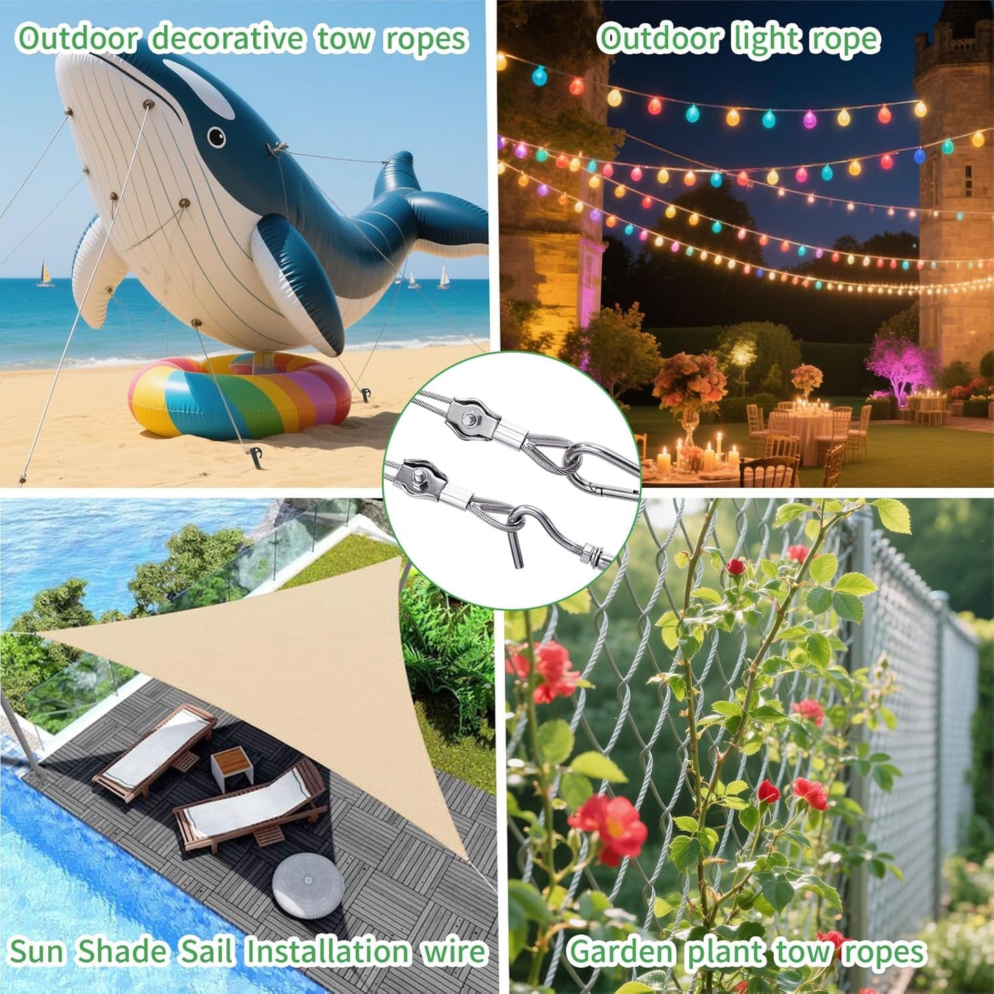 5/32" Wire Cable Rope Kit ,Vinyl Coated 304 Stainless Steel Wire – 200FT 7x7 Strand Cable with Turnbuckles,Shade Sail & Hanging Lights Hardware Kit for Outdoor, Garden,Patio, Crafts,