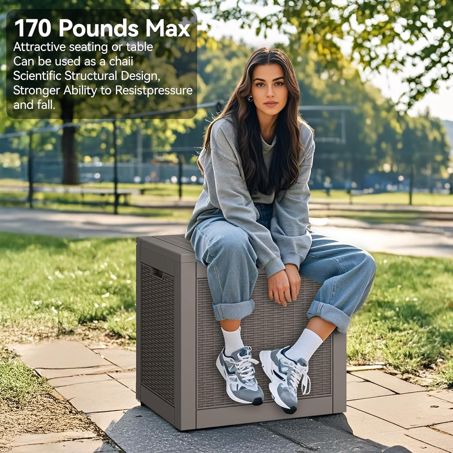 NUNU LAB 30 Gallon Waterproof Resin Deck Box, Lockable Outdoor & Indoor Storage Bench for Patio Cushions, Garden Tools, Pool Accessories & Package Deliveries â Grey