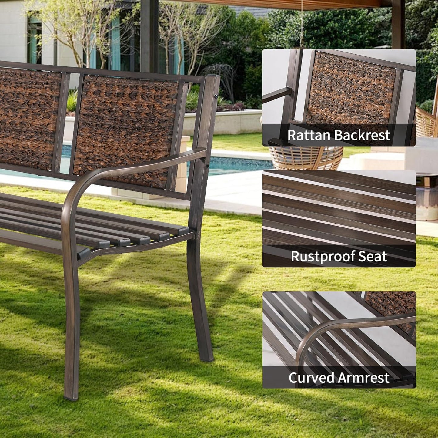 YLGJ&TIDY 50" Outdoor Bench, Metal Garden Bench, Patio Park Bench with Backrest & Armrests, Rust-Resistant, Perfect for Gardens, Parks, Porch, Lawn and Yard (Country Rustic)