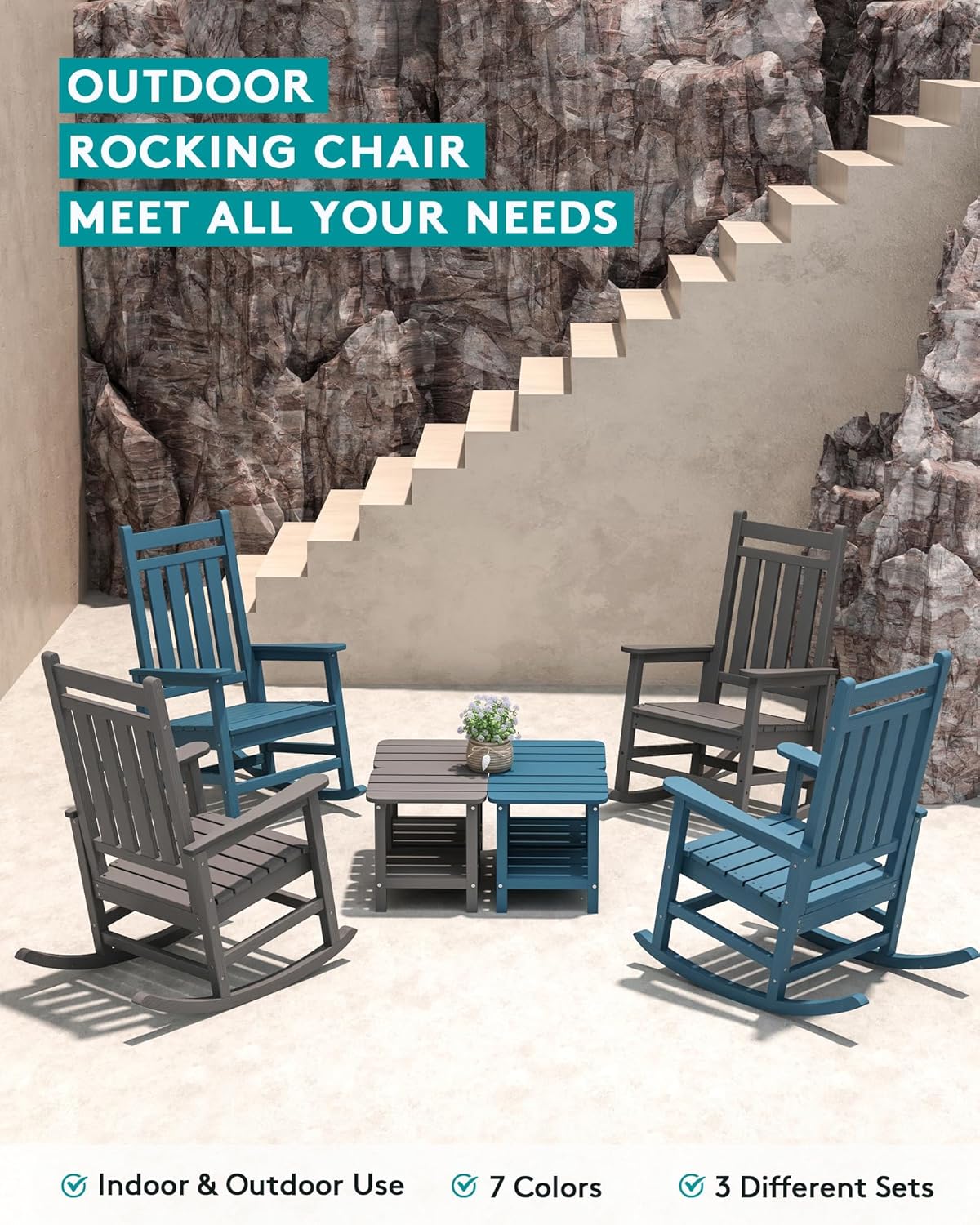 SERWALL Outdoor Rocking Chair, HDPE Rocking Chair for Adults, All Weather Porch Rockers for Lawn Garden, Navy