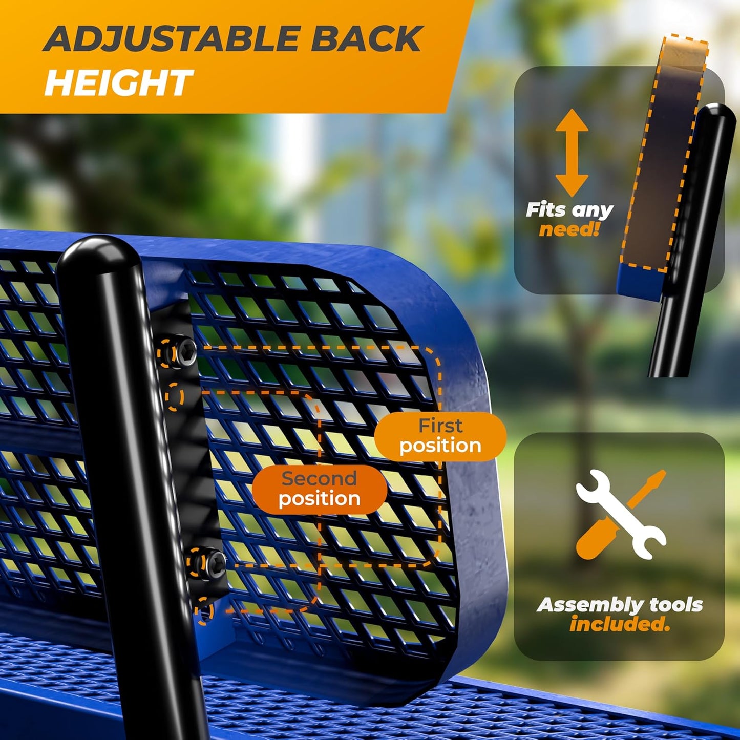 Heavy-Duty Outdoor Metal Bench, Thermoplastic-Coated, Surface, Weatherproof, Commercial-Grade for Parks, Gardens, Patios, Stores & More (4 Ft - Surface with Back, Blue)