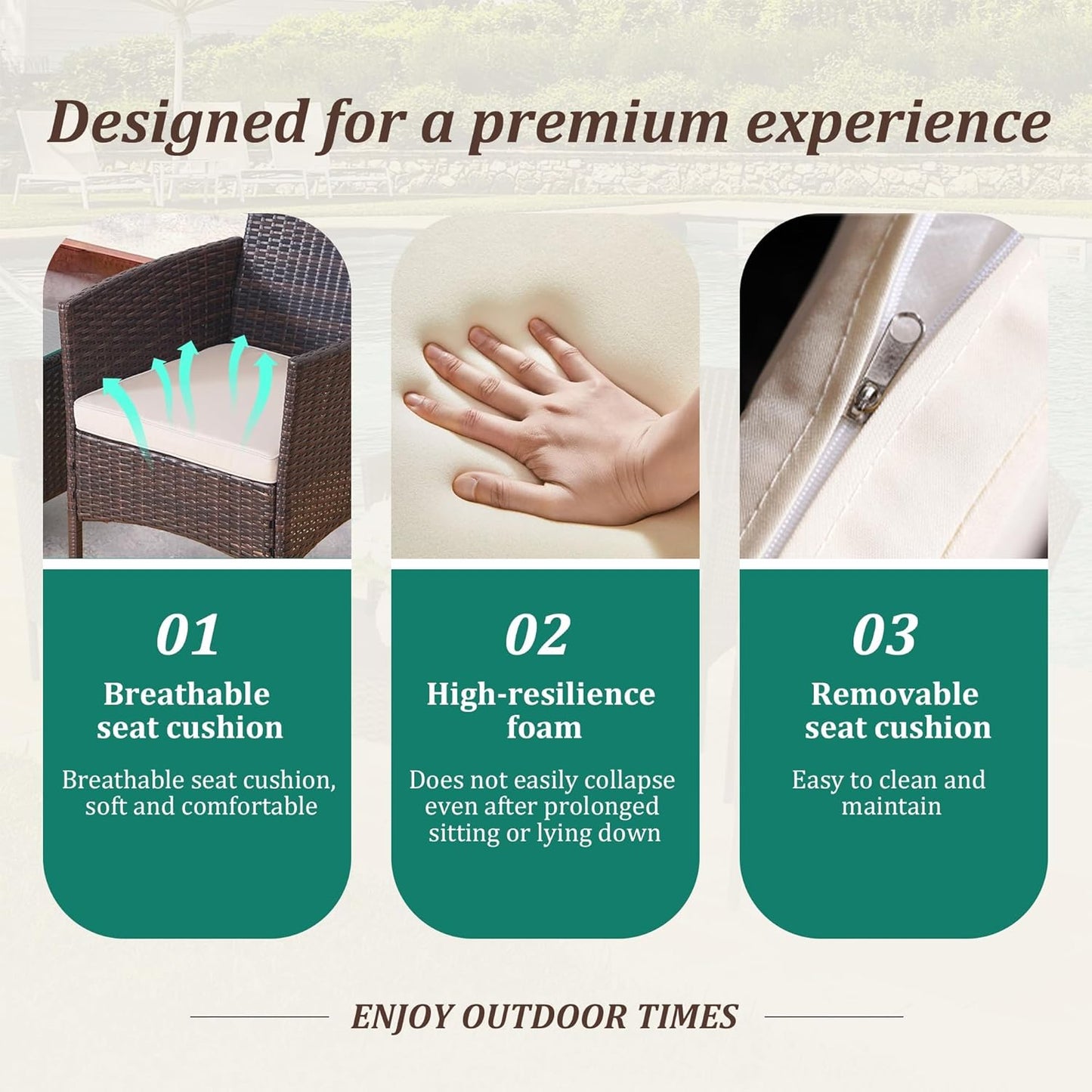 3 Piece Patio Furniture Set - Outdoor Conversation Sets with Coffee Table, Rattan Chair Set for Garden/Poolside, Brown/Beige