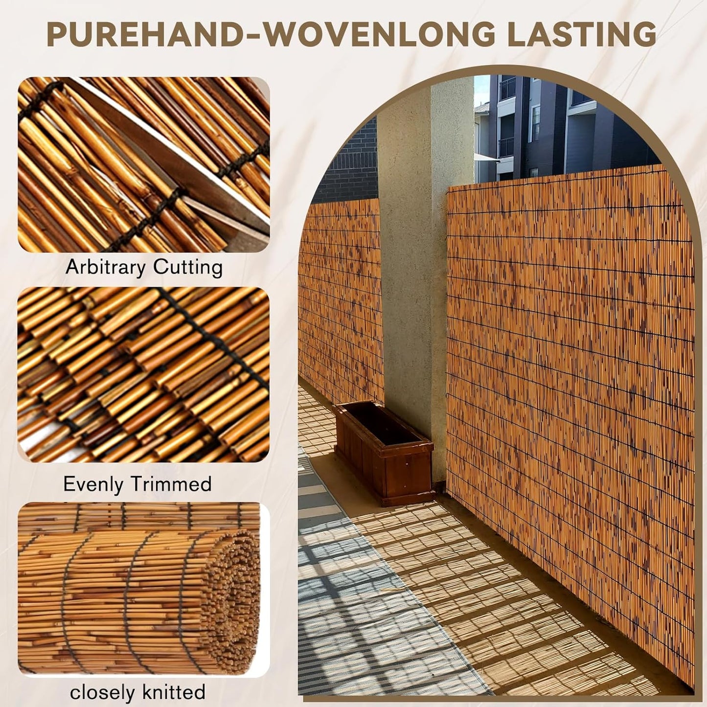 Bamboo Reed Fencing, Light Russet Bamboo Screens Outdoor for Patio, Decorative Balcony Privacy Screen Reed Curtains for Garden Backyard Balcony Outdoor, 3 x 10 FT