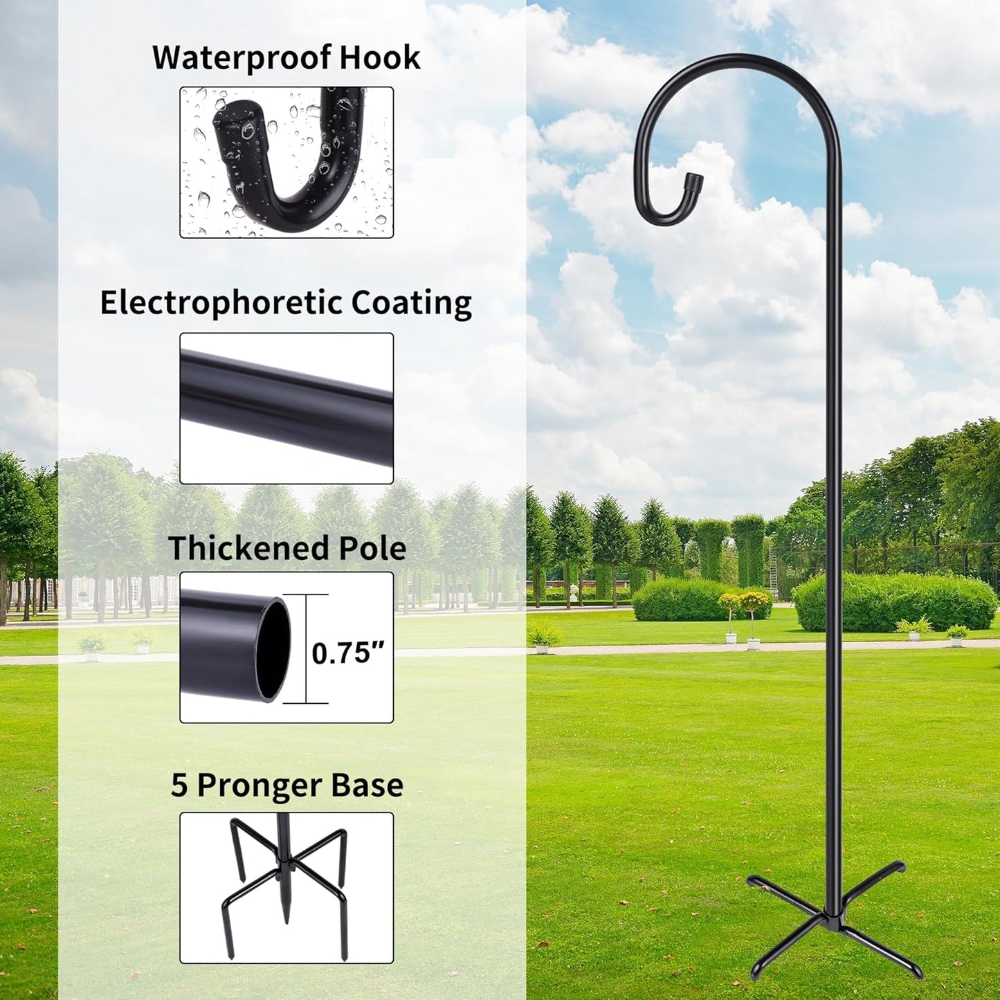 Ottsuls Bird Feeder Pole, 76 INCH Heavy Duty Shepherds Hooks for Outdoor with 5 Prong Base, Adjustable Stand Hanger for Garden Plant, Hummingbird Feeder, Lantern, Hanging Wedding Decor (1 Pack)