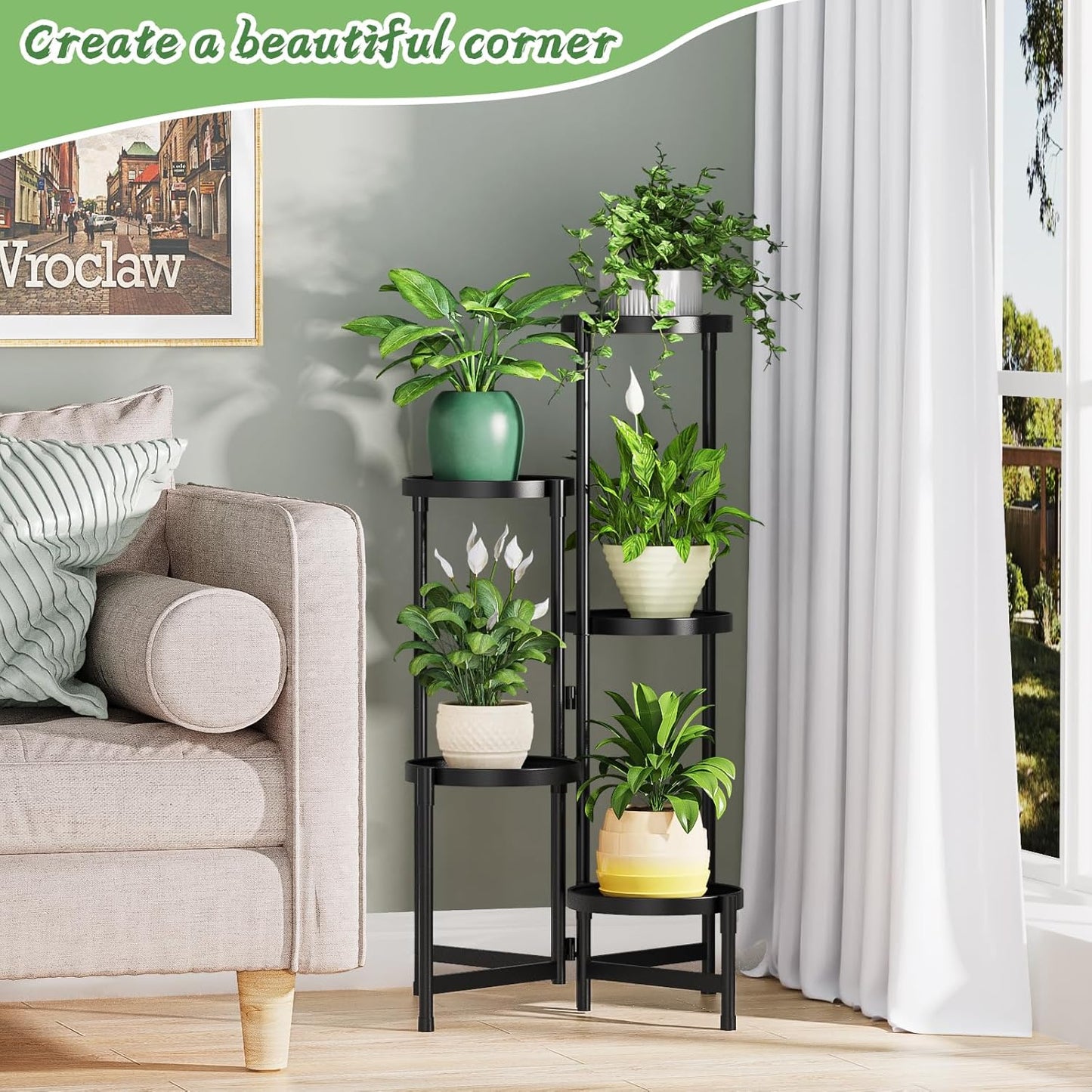 MOKANI Metal Plant Stand Indoor Outdoor for Multiple Plants, 5 Tiered Folding Corner Shelf Tall Flower Pot Holder Display Rack for Patio Living Room Balcony Garden, Black