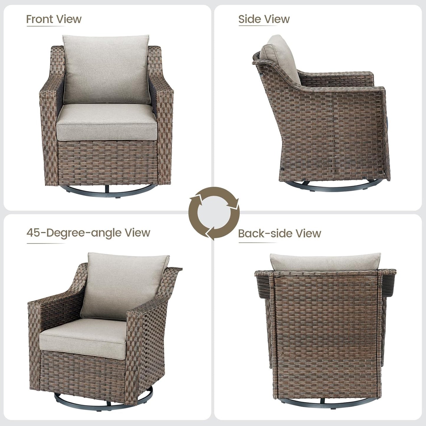 Outdoor Patio Wicker Swivel Chairs - Set of 4 Outside Rattan Rocker Glider Chair Rocking Armchairs for Front Porch Balcony Backyard Yard Deck Poolside Apartment – Brown/Beige