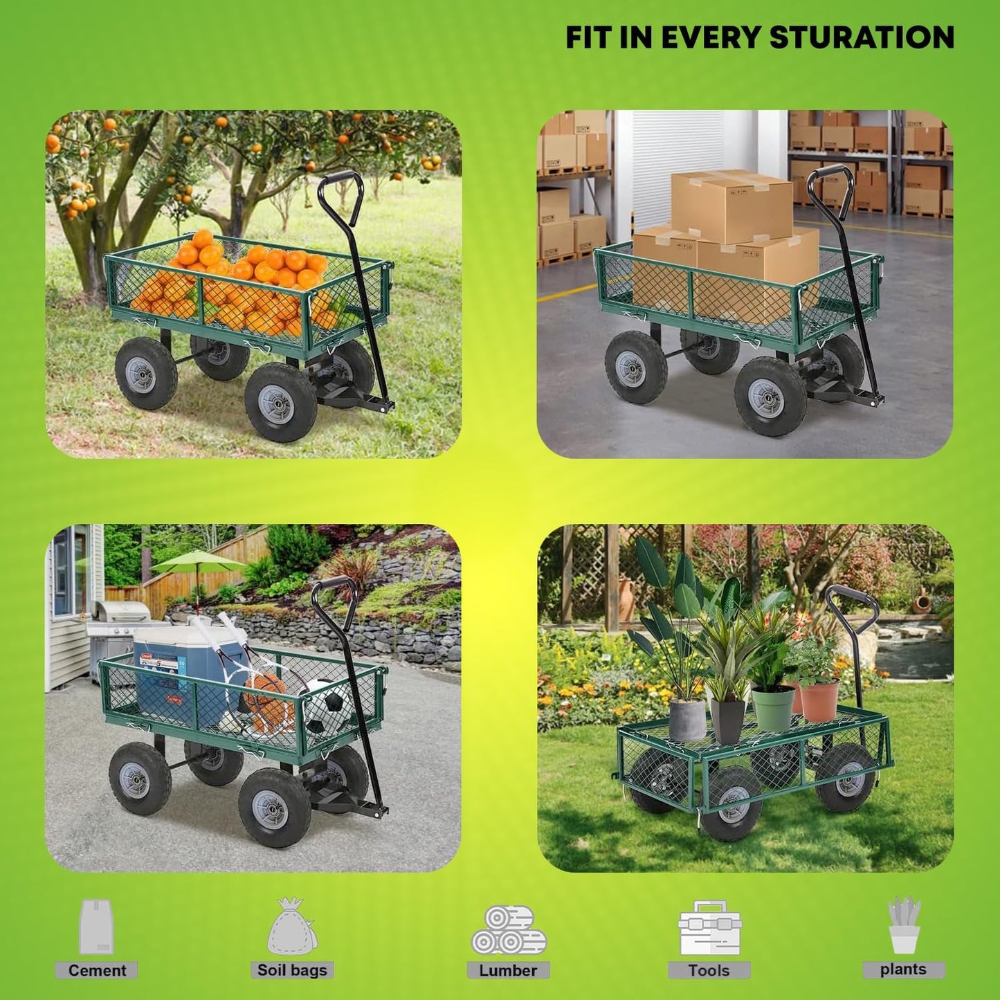 PayLessHere Heavy Duty 500 Lbs Capacity Mesh Steel Garden Cart Folding Utility Wagon with Removable Sides for Beach Lawn Yard Landscape