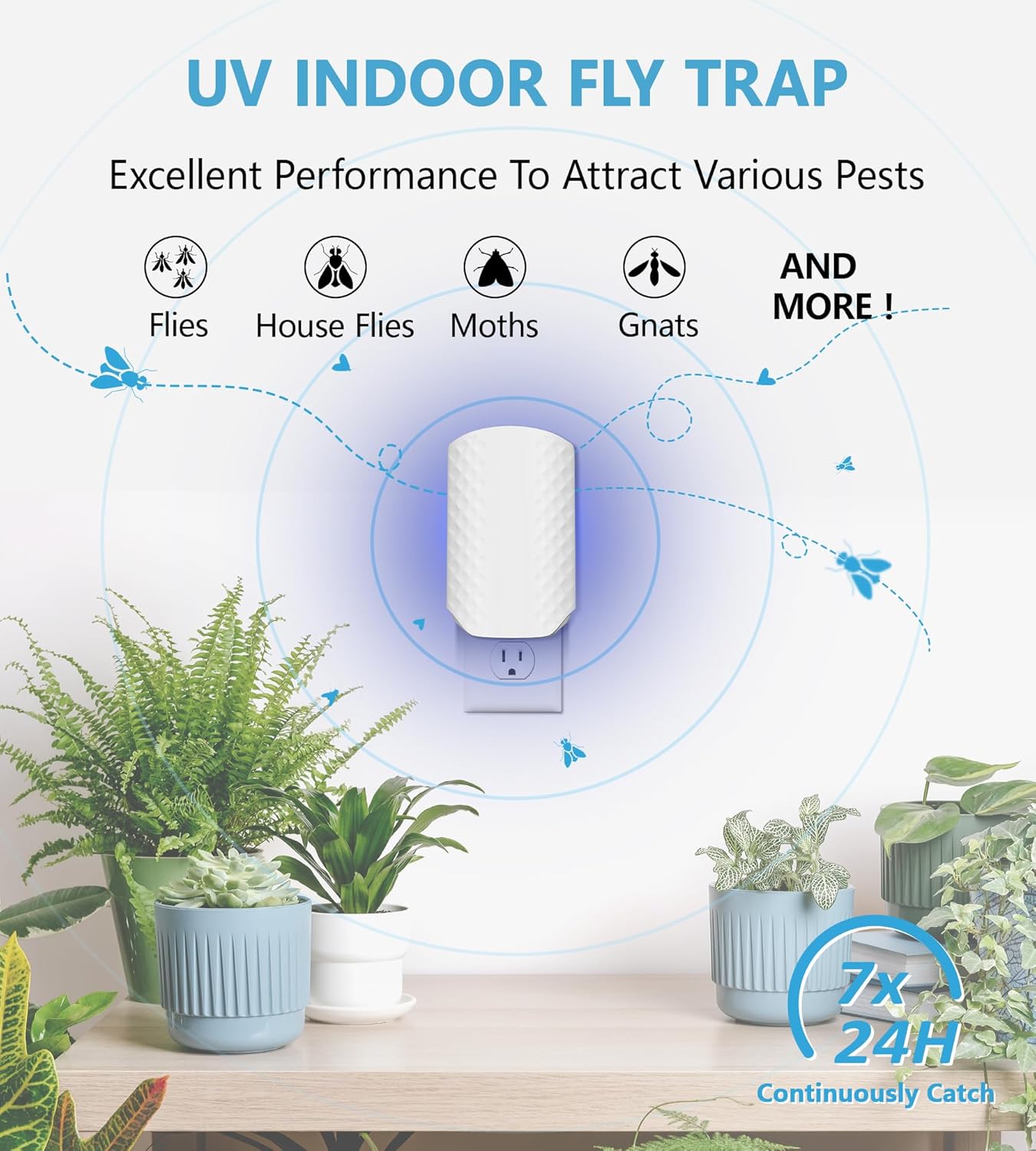 Flying Insect Trap for Indoors, Bug Killer Light Trap for Fruit Flies, Gnats, Moths, and Houseflies, 1 Device + 4 Refills, Best Fly Traps for Home, Kitchen, Bedroom, Plant Area, Garages