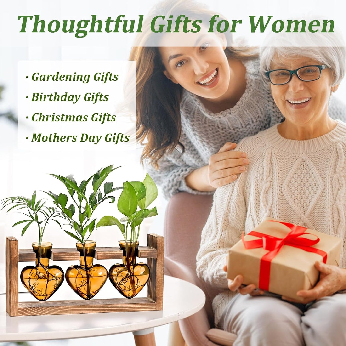 Lifecapido Heart Shaped Propagation Stations, Plant Terrarium with Wooden Stand, Plant Propagation Station for Hydroponics Plants Office Garden Home Decor, Gifts for Women Plant Lover (3 Vases, Amber)