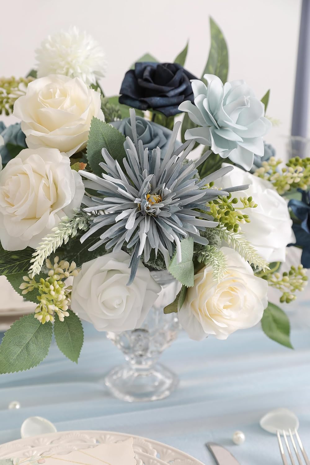 Blue White Artificial Flowers Silk Fake Roses Peonies Greenery Combo Box Set for DIY Wedding Bouquets Bridal Shower Centerpieces Floral Arrangements Party Tables Home Decoration