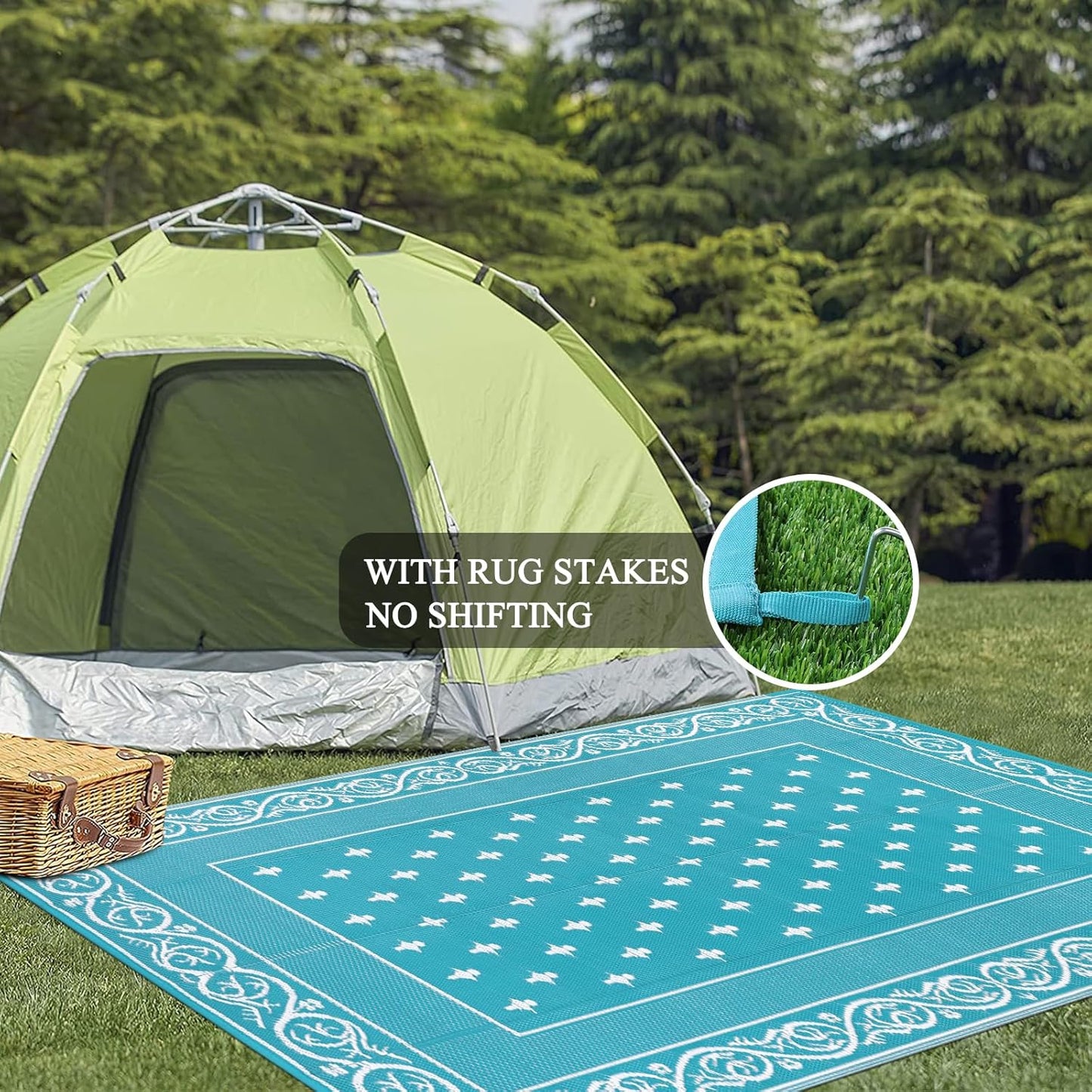 Pauwer Waterproof Outdoor Rug 6x9, Reversible Plastic Straw Patio Camping Rug, Indoor Outdoor RV Mat Carpet for Deck, Camper, Porch, Balcony, Backyard, Picnic, Bordered Teal