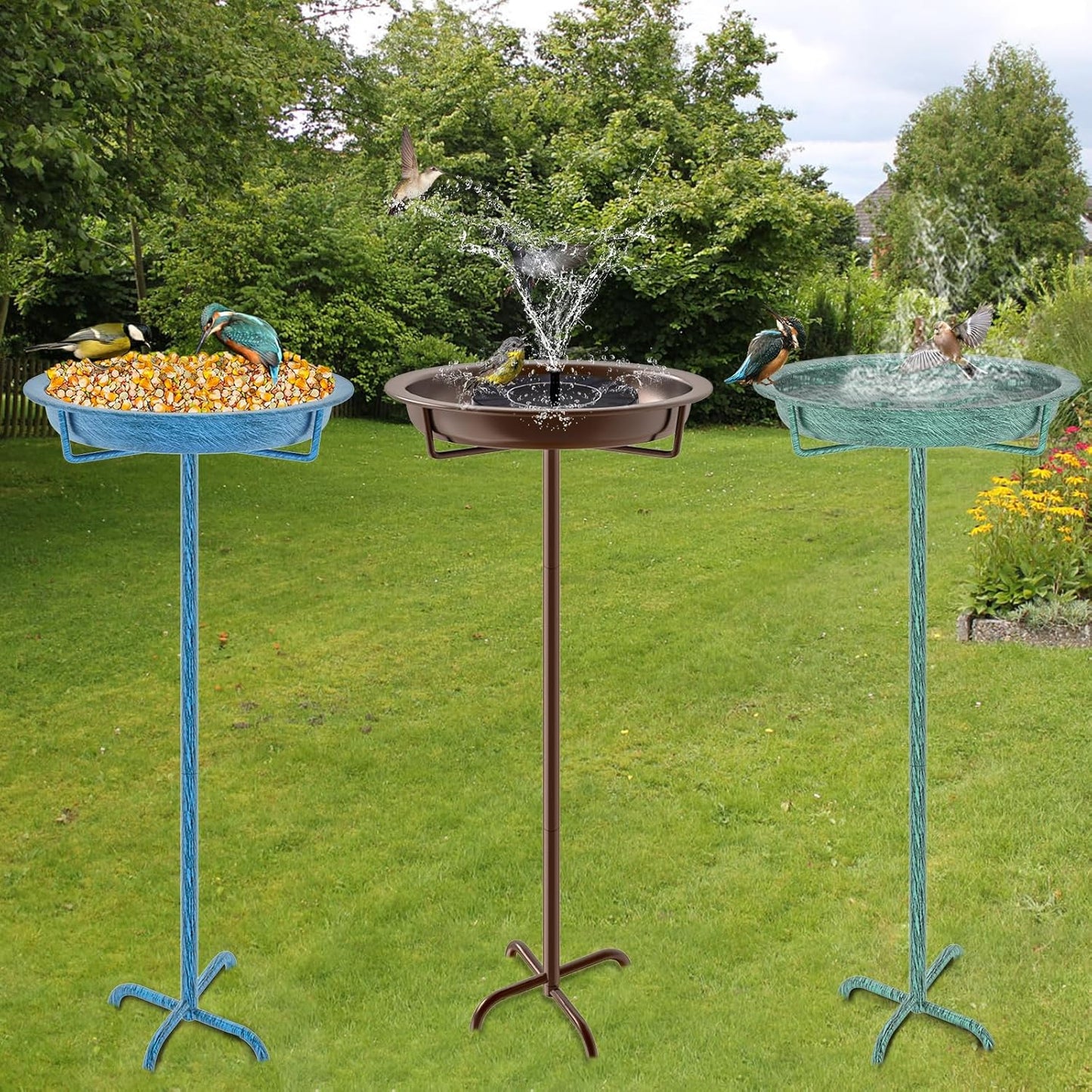 Metal Bird Bath for Outside, 36.2" Height Birdbath Bowl Standing Bird Feeders for Outdoors with 4 Prongs Base Stake, Freestanding Birdfeeders for Garden Yard Lawn Decor (Retro Green)