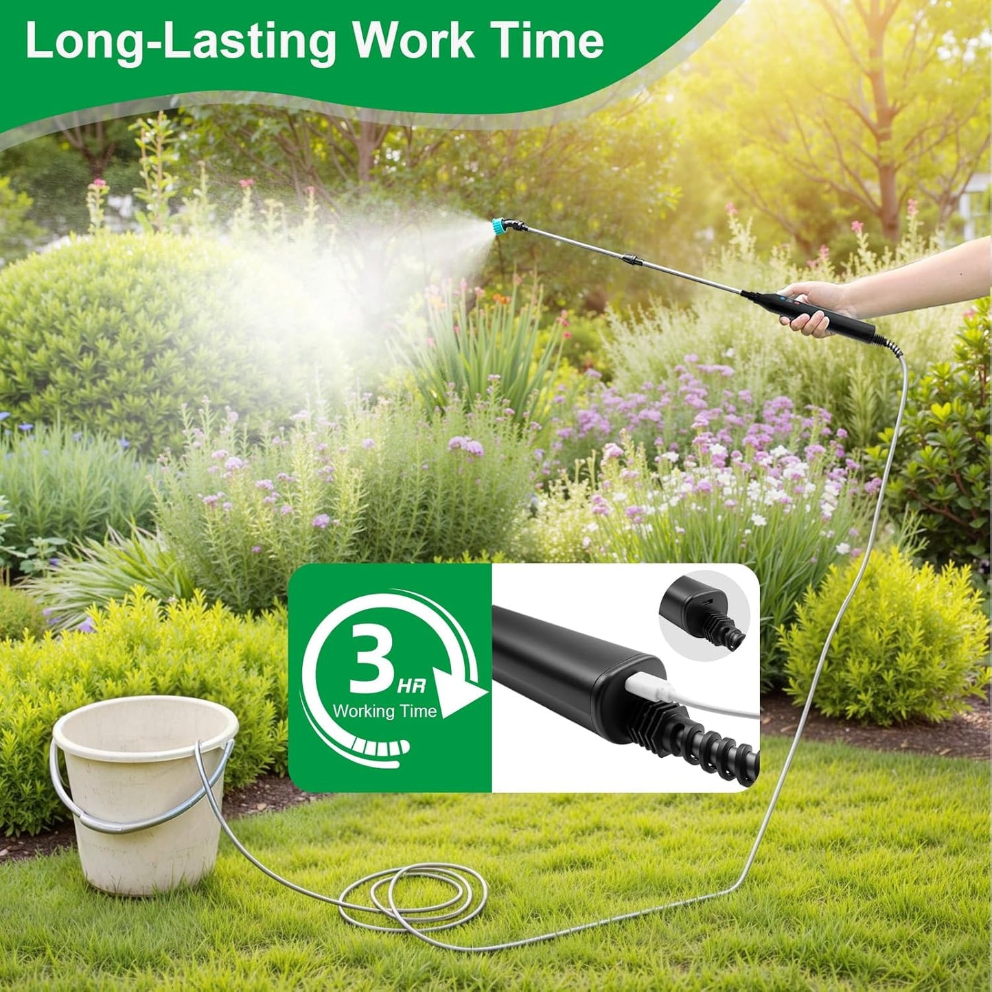 23.6" Battery Powered Sprayer Wand, 2025 Upgraded Electric Sprayer Telescopic Wand with 3 Spray Forces, Battery Indicator, 16.4FT Hose, 3 Mist Nozzles for Lawn and Garden