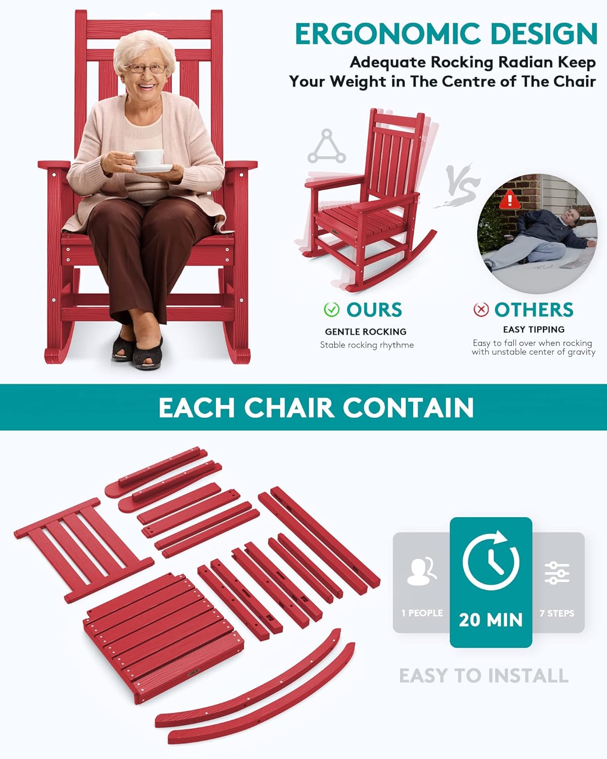 SERWALL Oversized Rocking Chair, Outdoor Rocking Chair Set for Adults, All Weather Resistant Porch Rocker for Lawn Garden, Red