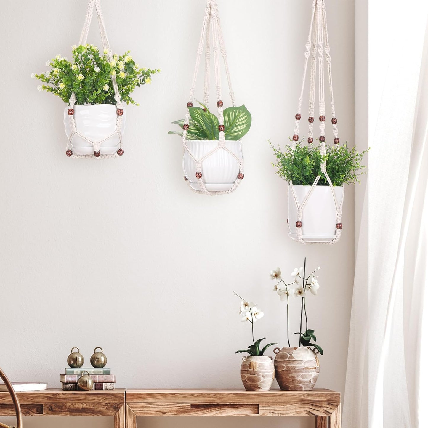 YIBOT 3 Pack Macrame Plant Hanger Indoor Hanging Planter Basket with 3 Hooks Flower Pot Holder No Tassels for Boho Home Decor 35"/29"/23"