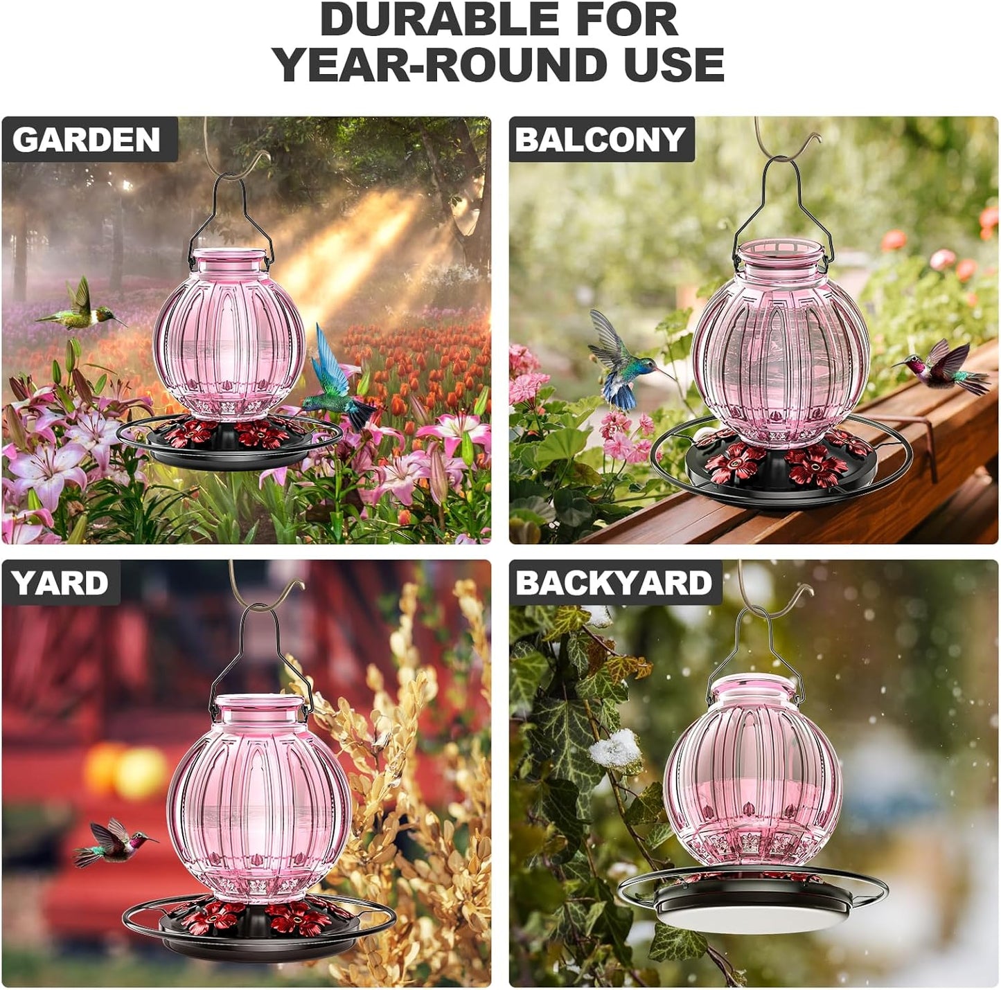 Glass Hummingbird Feeder for Outdoors Hanging, Bird Nectar Feeder with Perch & 5 Flower Feeding Ports, 26 Oz Leak Proof for Outside Garden Decor Backyard, Gifts for Women Mom, Pink