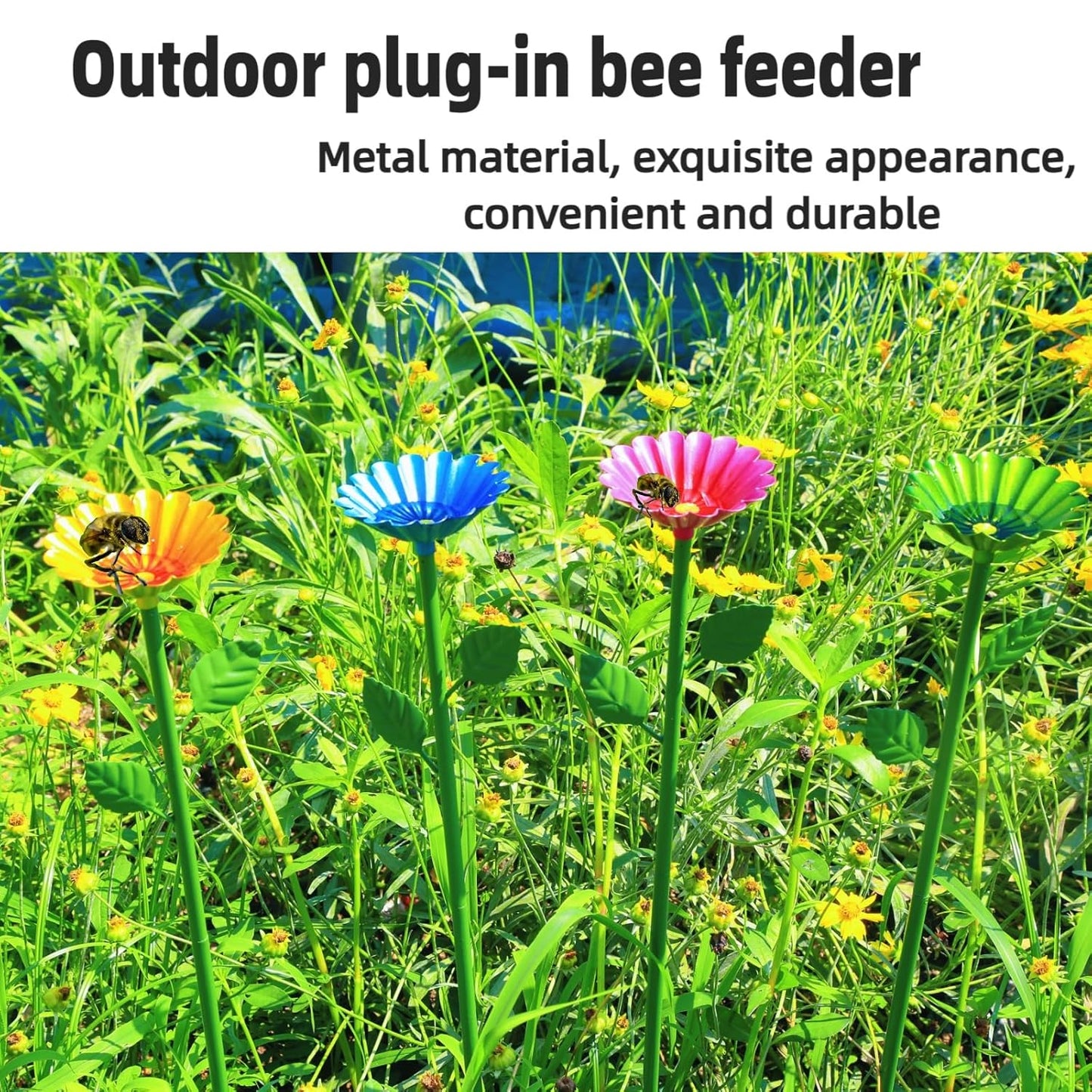4-Pack Bee Watering Station | Flower-Design Metal Cups | Colorful Garden Decor (Red, Green, Blue, Yellow) | Easy Install | Durable | Bee/Butterfly Feeder & Bath