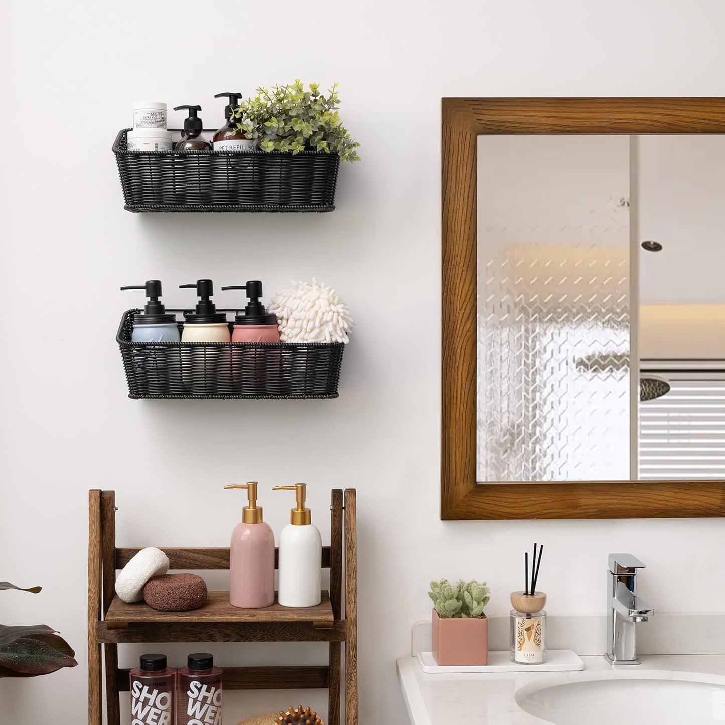 GRANNY SAYS Wicker Hanging Basket, 2 Pack Wall Basket for Kitchen, Fruit and Vegetable Storage Cabinet, Pantry Storage Spice Organization for Cabinet, Adhesive Shelf for Bathroom, Black