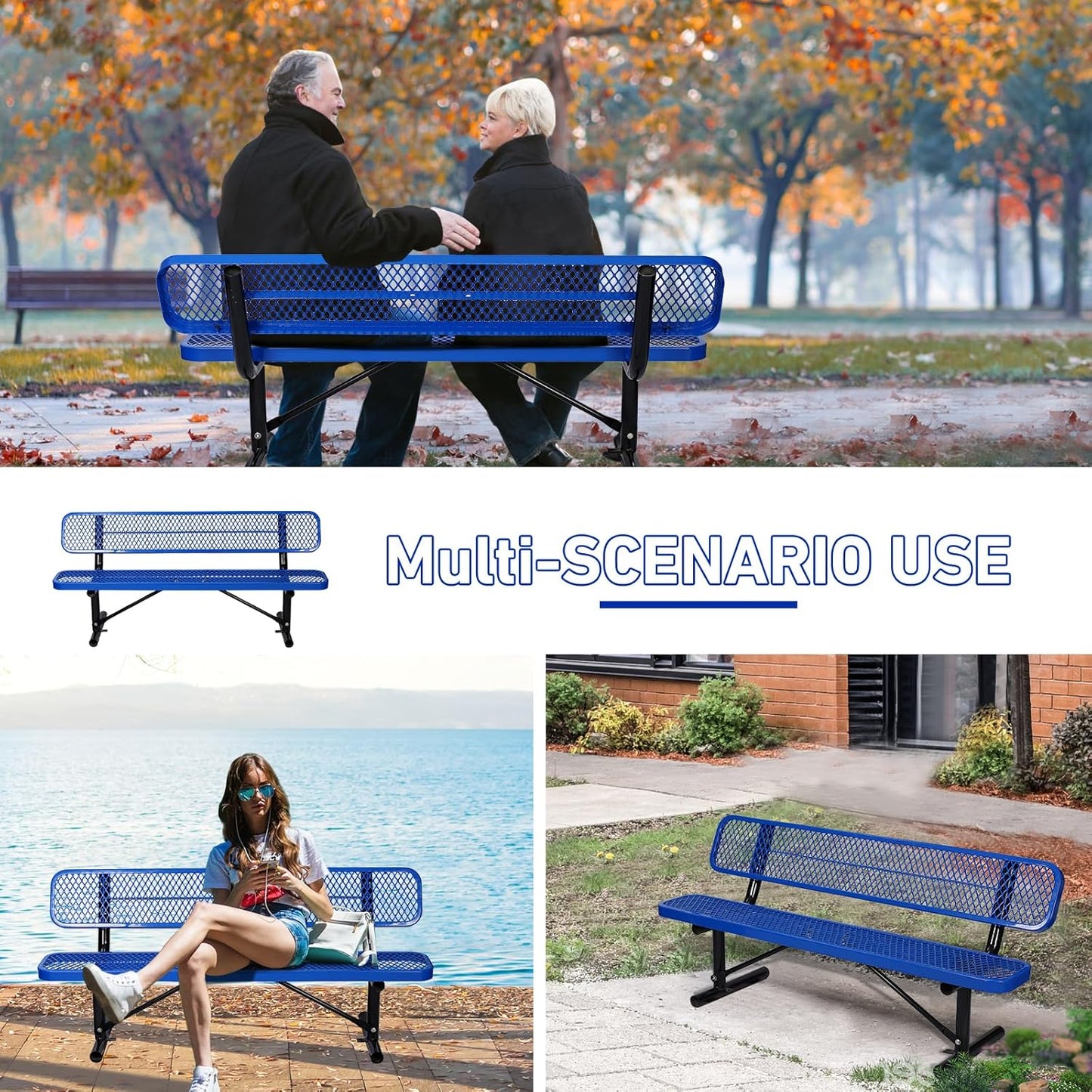 6Ft Outdoor Bench with Blue Portable Frame, Outdoor Steel Park Bench with Backrest, Expanded Metal Mesh Bench for Outside, Lawn, Backyard, Park, Deck, Garden, Patio, Porch, Blue