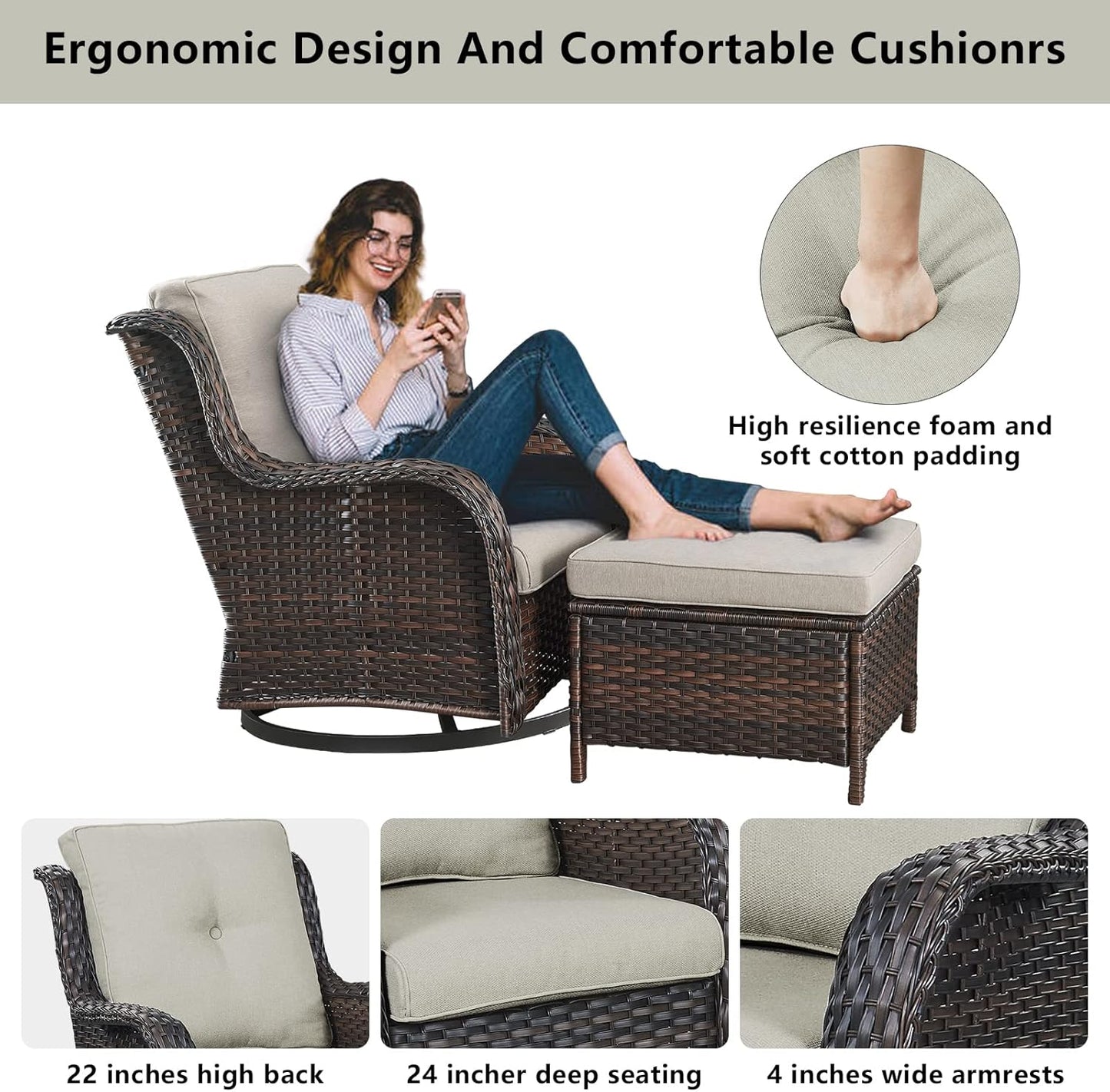 5 Pieces Patio Furniture Sets Wicker Outdoor Furniture, Rattan Patio Swivel Glider Chairs with 2 Ottoman and Glass Side Table