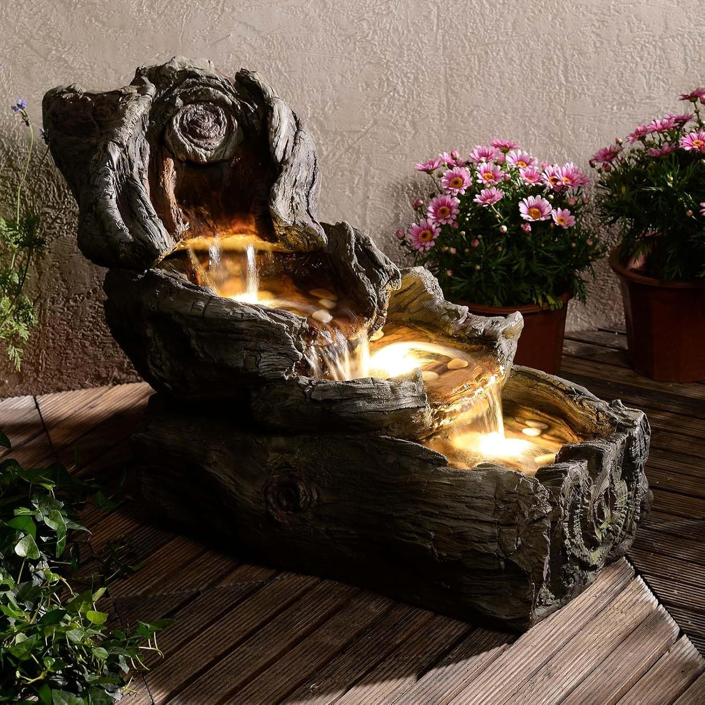 31.5" L Garden Water Fountain Outdoor, Artifical Imitation Wood Outdoor Water Fountain Natural Waterfall with LED Lights for Patio,Porch,Backyard,Home Art Decor(Resin)