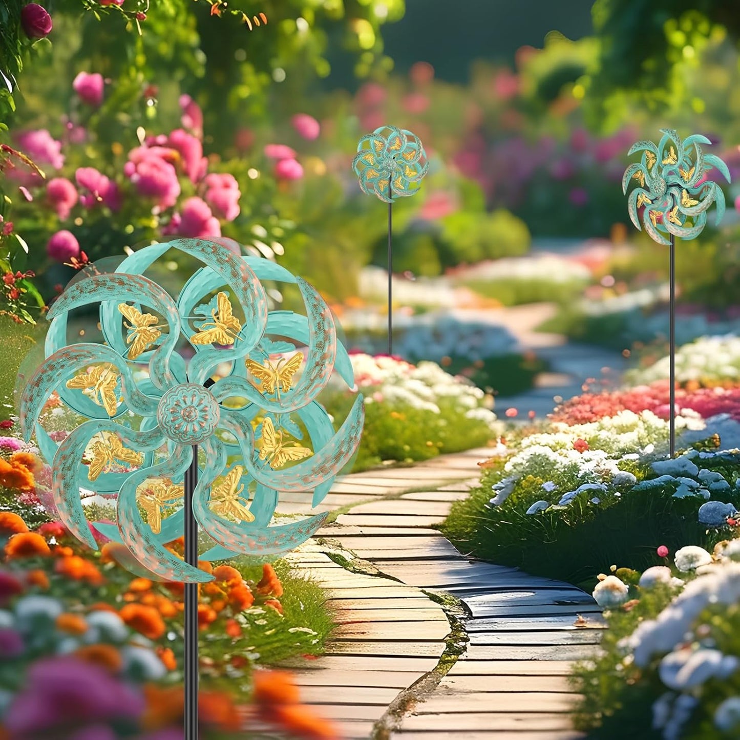 Metal Wind Spinner Outdoor, Golden Butterfly Kinetic Wind Sculpture Spinners with Metal Stake, Yard Art Decor for Patio, Lawn & Garden, Creative Gifts 57.5 * 13.4 Inch